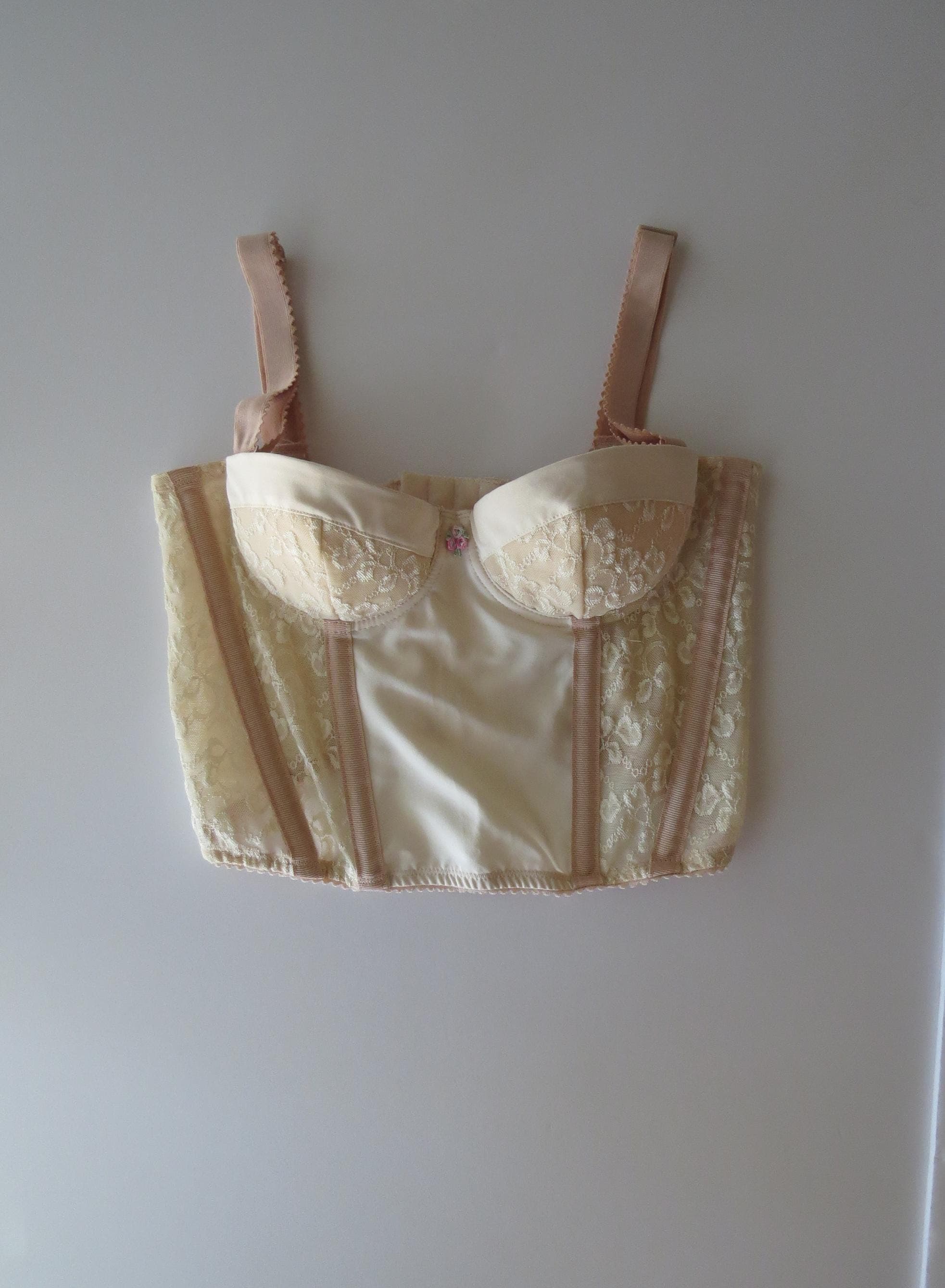 Vintage Italian Dusty Pink / Mauve Corset Top, Floral Applique, Lace, Thick Straps, 90s Intimissimi