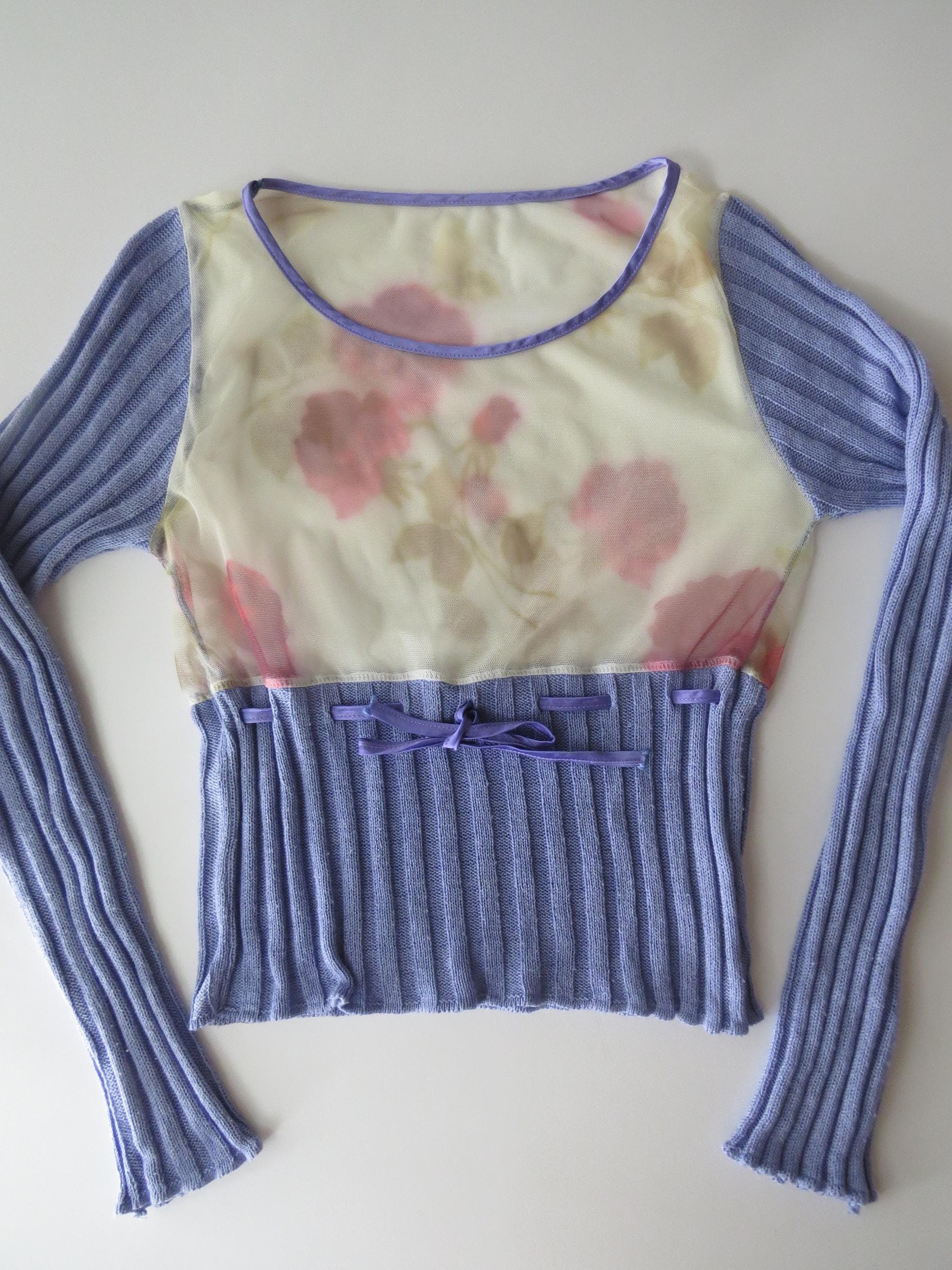 Vintage Italian Lilac Knit Top, Floral Mesh Long Sleeve Panel, Made in Italy 90s - Thumbnail 2