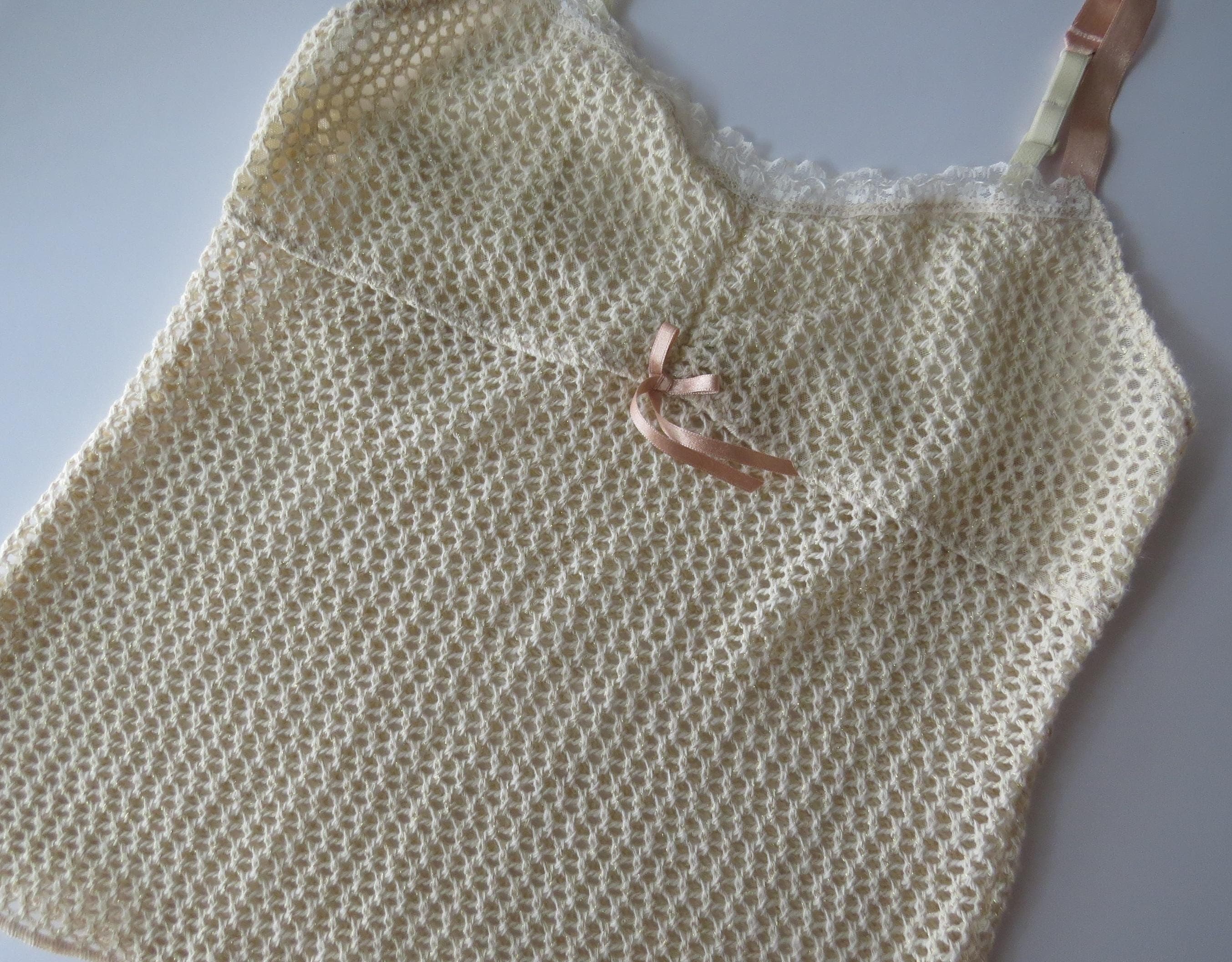 Vintage 00s Italian Open Knit Mesh Cami with Peach Straps, Pink Bows - Thumbnail 6