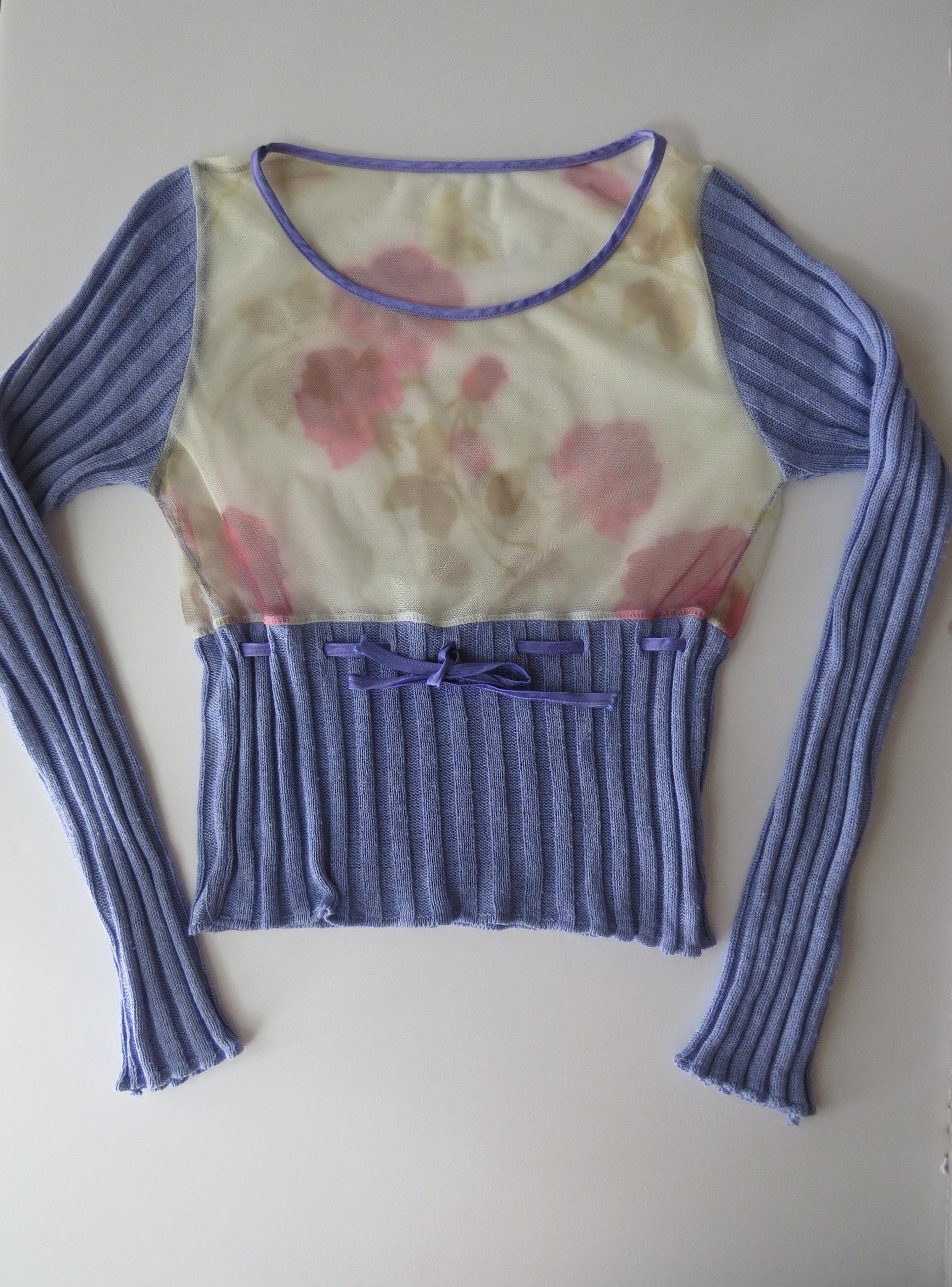 Vintage Italian Lilac Knit Top, Floral Mesh Long Sleeve Panel, Made in Italy 90s
