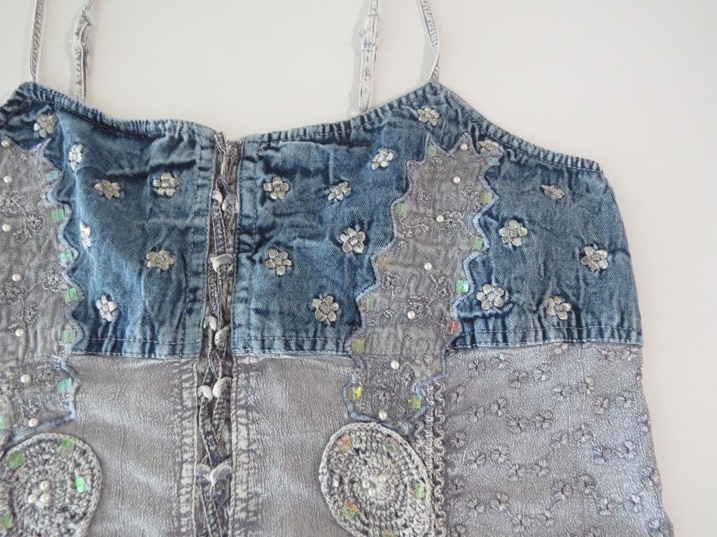 Vintage Italian Positano Jean Paul Embroidered Corset Cami, Mixed Media Denim, Sequins, Beaded - Thumbnail 2