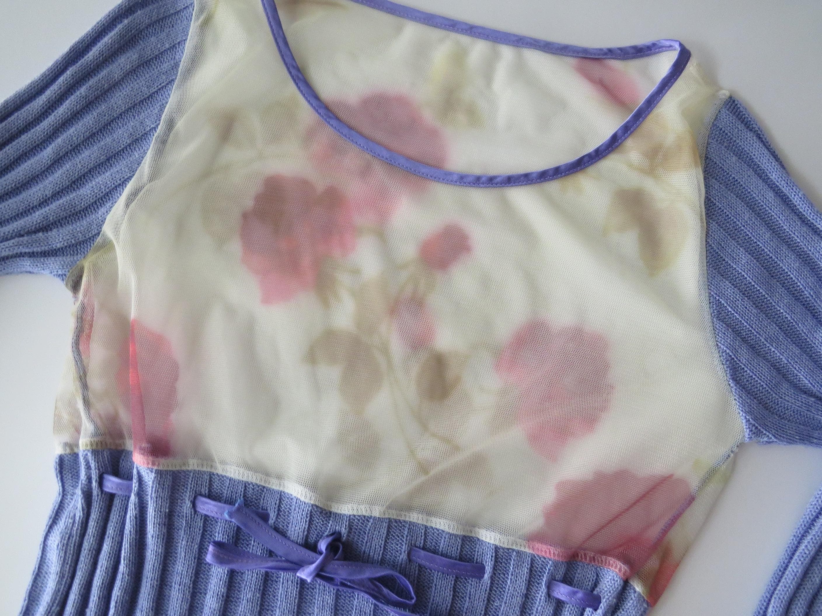 Vintage Italian Lilac Knit Top, Floral Mesh Long Sleeve Panel, Made in Italy 90s - Thumbnail 6