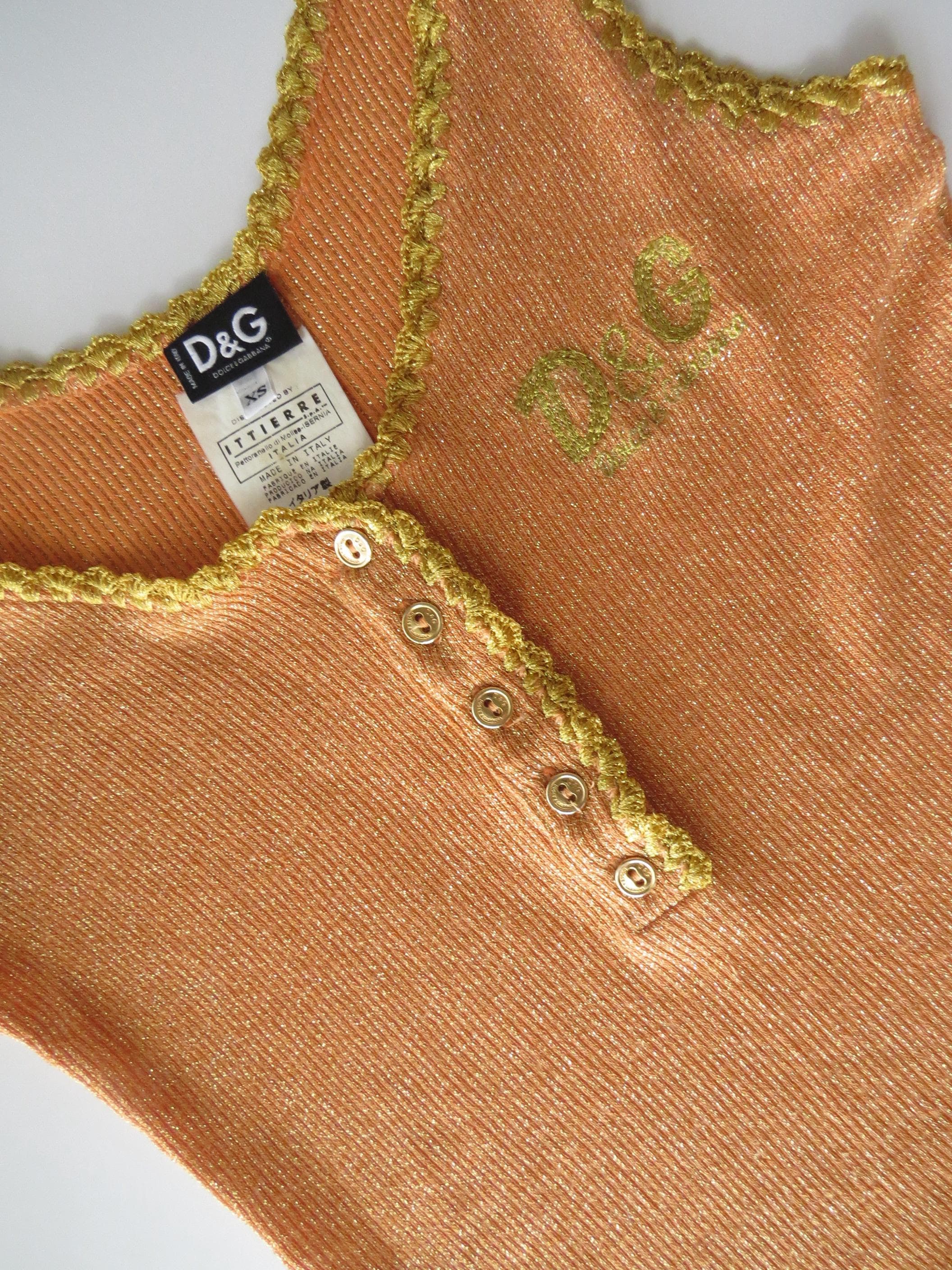 Vintage D&G Dolce Gabbana Orange Gold Sparkle Button-Up Tank Top, 2000s, Made in Italy - Thumbnail 7