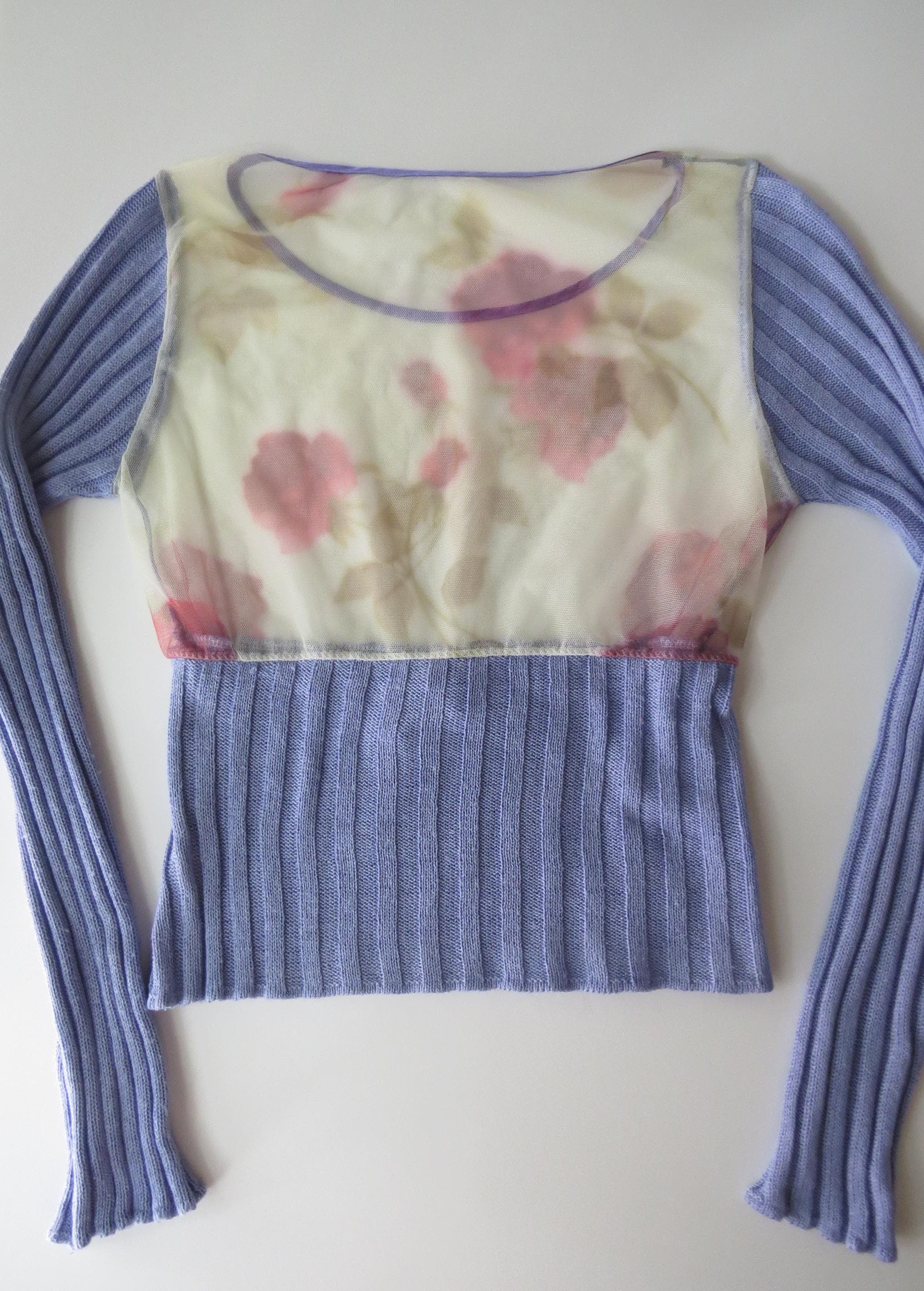 Vintage Italian Lilac Knit Top, Floral Mesh Long Sleeve Panel, Made in Italy 90s - Thumbnail 8