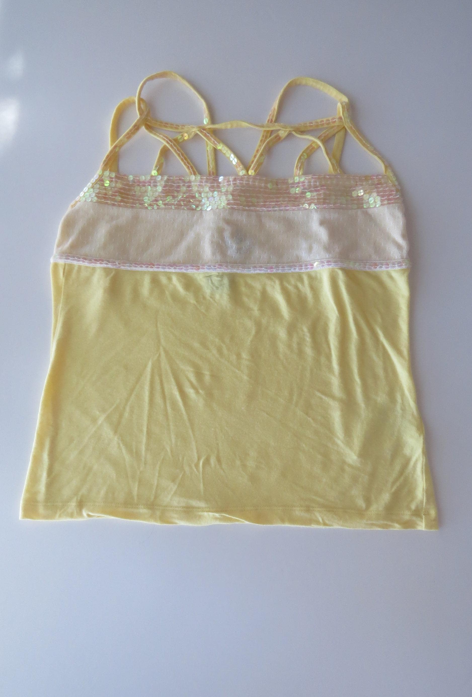 Vintage Rocobarocco Yellow Sequin Mesh Camisole, Italian Designer Caged Strap Tank Top, Embellished Camisole