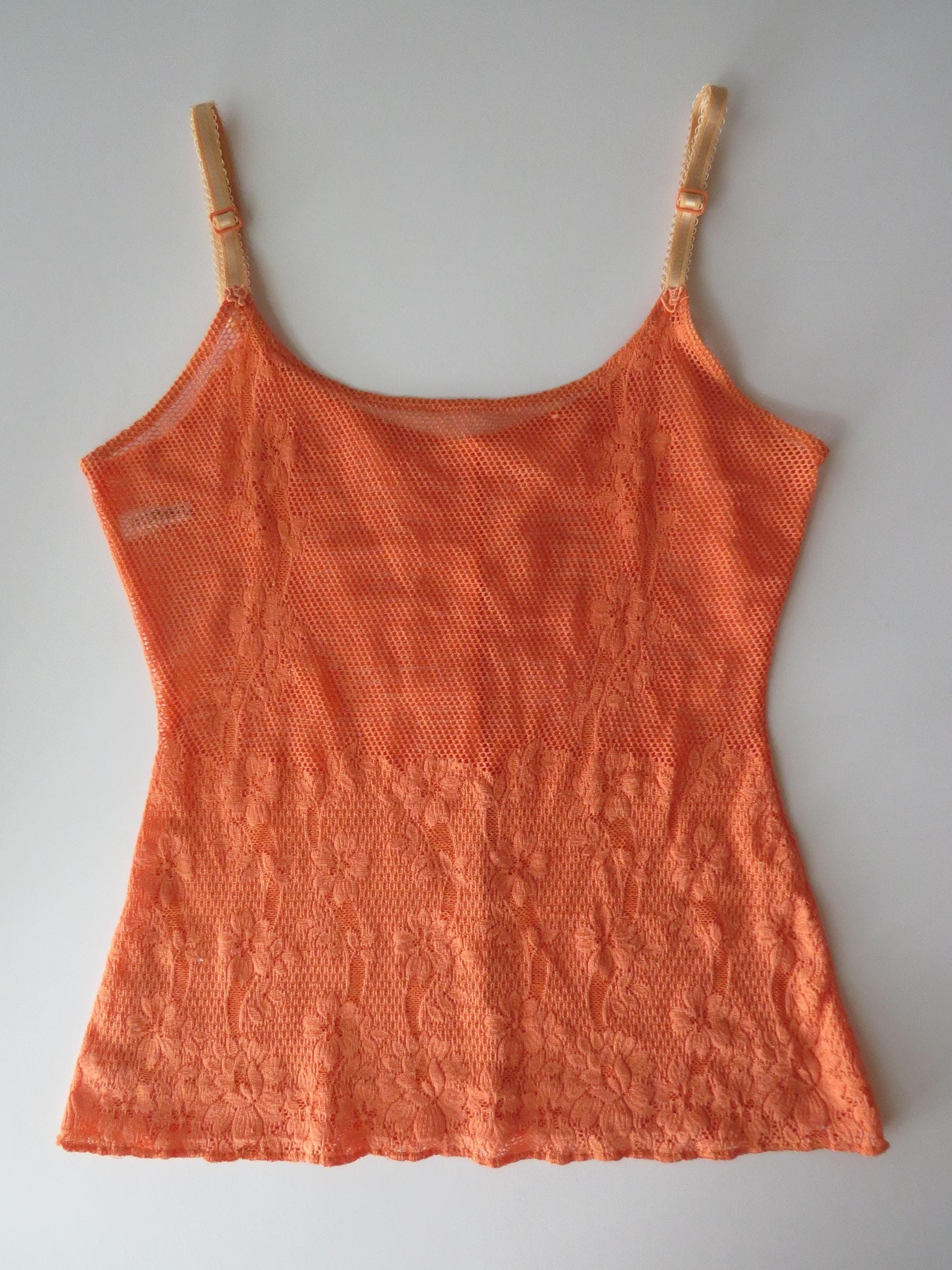 Occhi Verdi La Perla Orange Mesh Lace Camisole, Italian Designer, Vintage Made in Italy