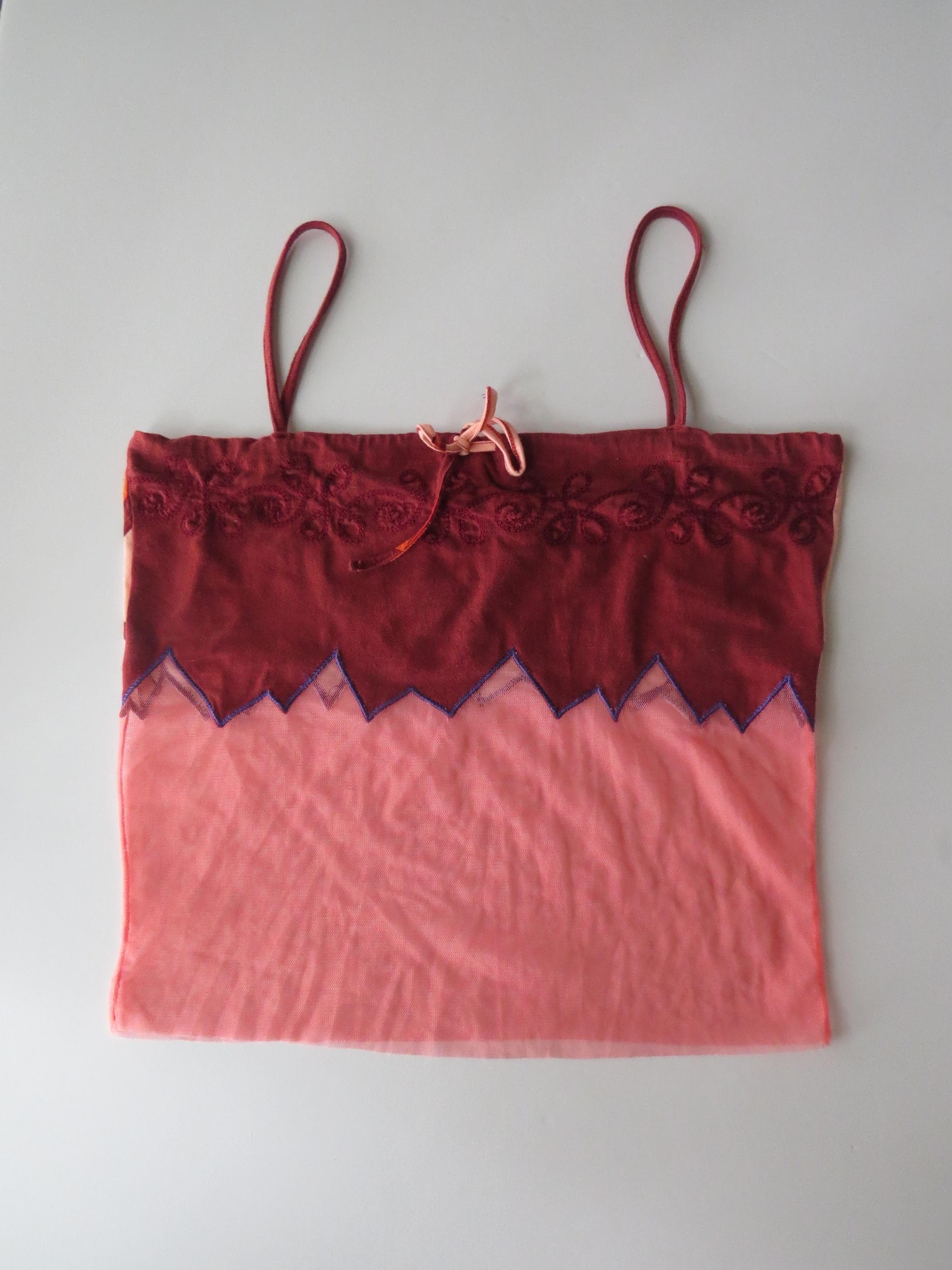Vintage Italian 00s Designer Pinko Layered Mesh Embroidered Zigzag Top, Coral, Made in Italy
