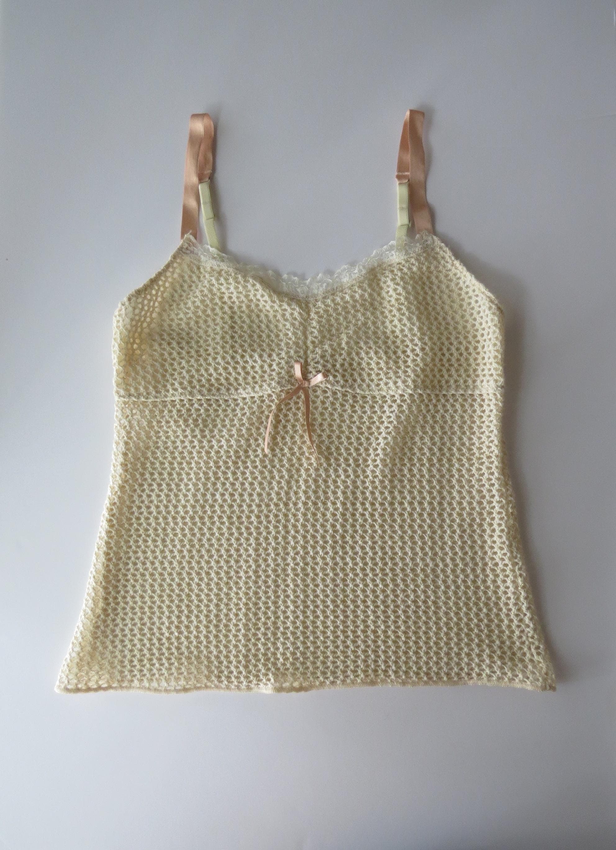Vintage 00s Italian Open Knit Mesh Cami with Peach Straps, Pink Bows
