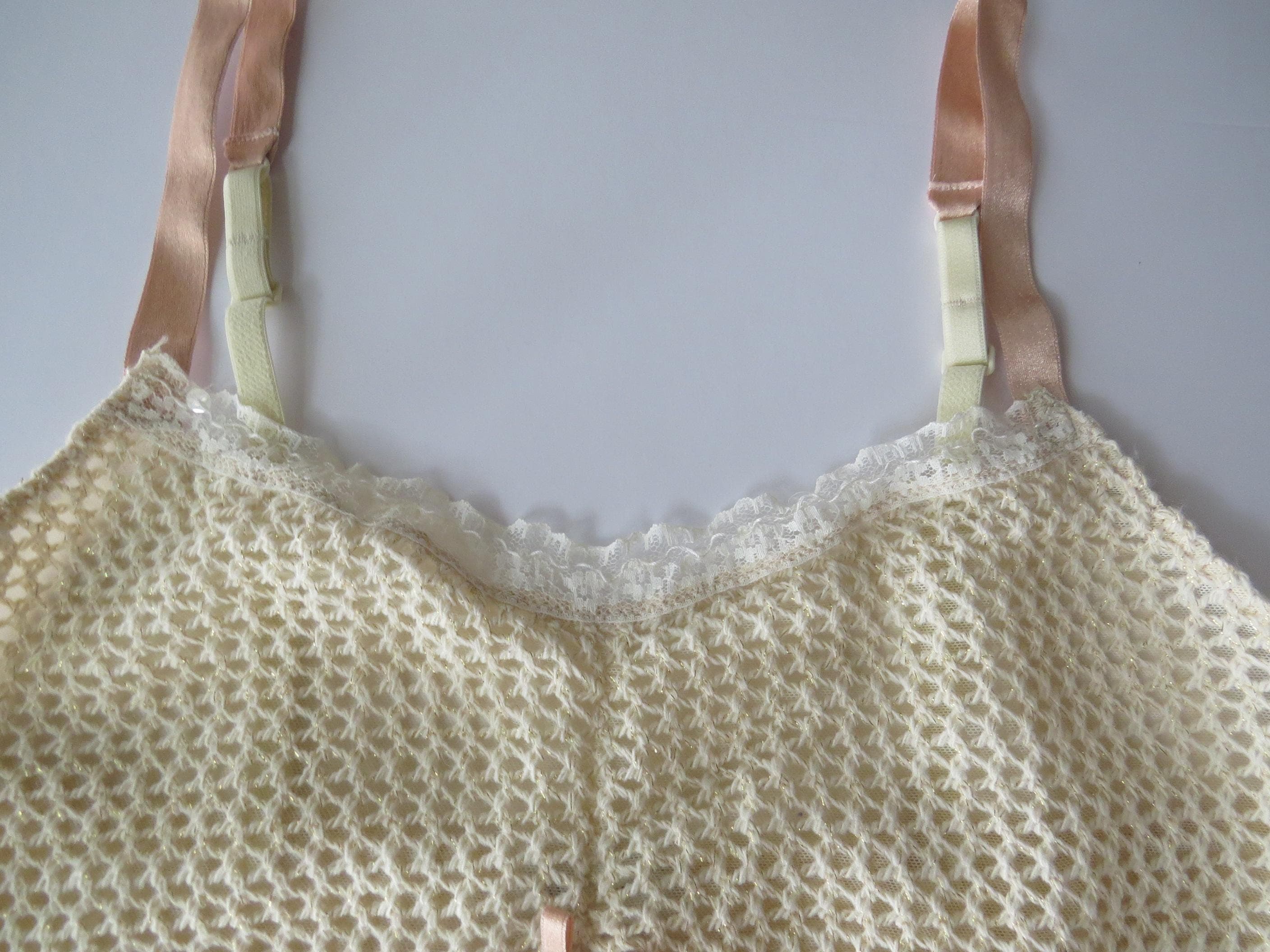 Vintage 00s Italian Open Knit Mesh Cami with Peach Straps, Pink Bows - Thumbnail 2