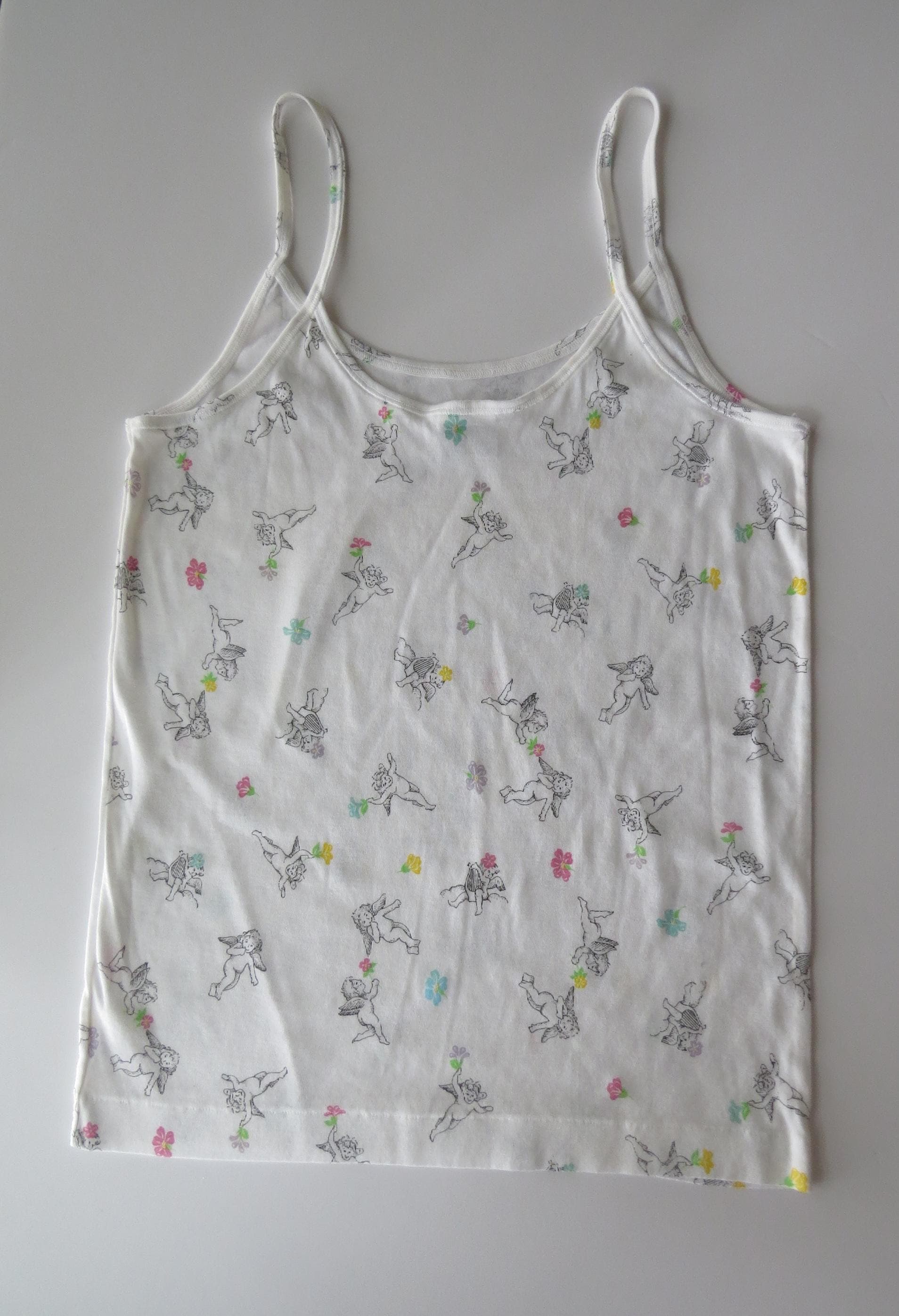 Vintage Malizia La Perla Cotton Italian Camisole Cherub & Floral Print, Made in Italy, 2000s