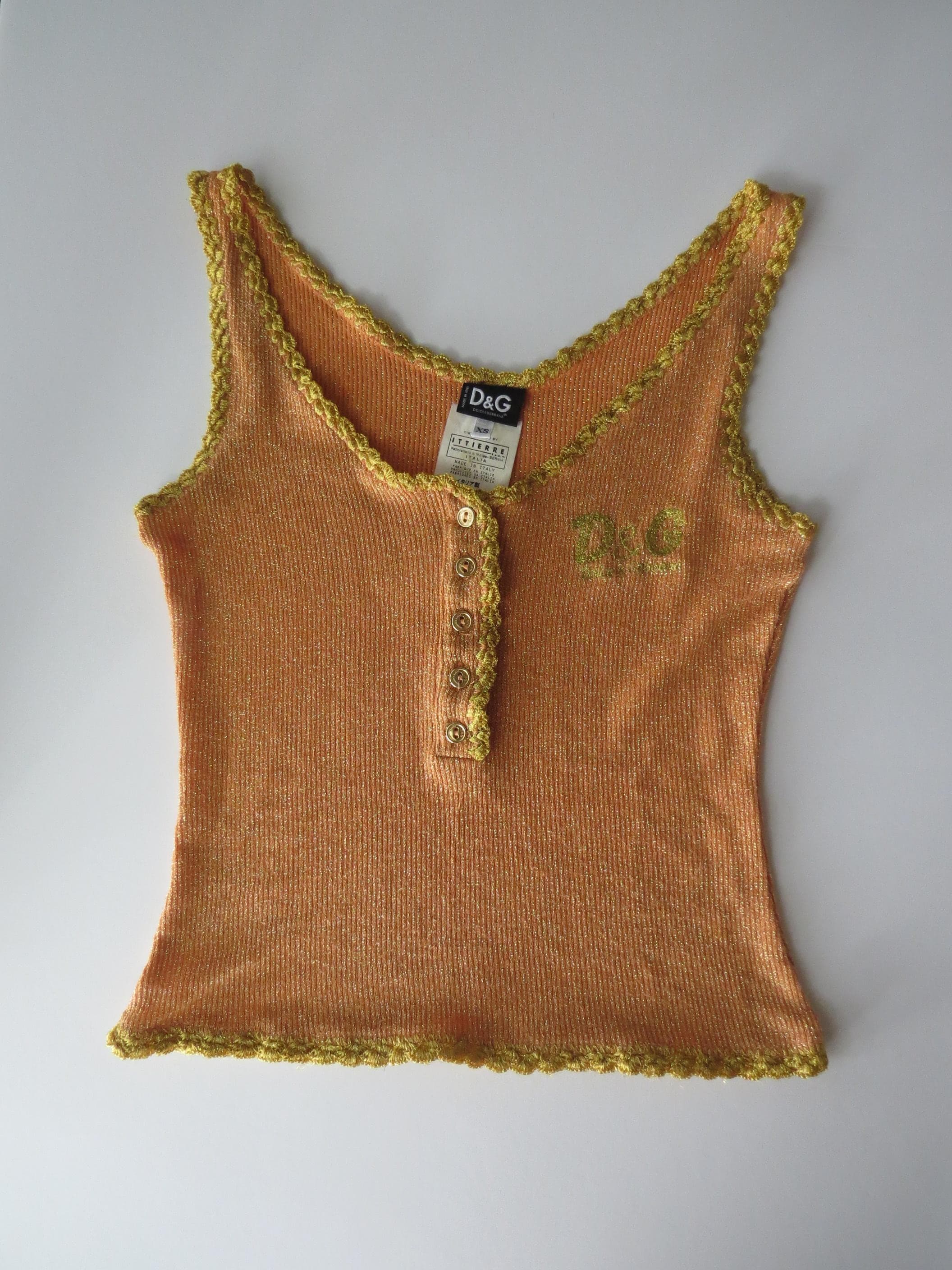 Vintage D&G Dolce Gabbana Orange Gold Sparkle Button-Up Tank Top, 2000s, Made in Italy