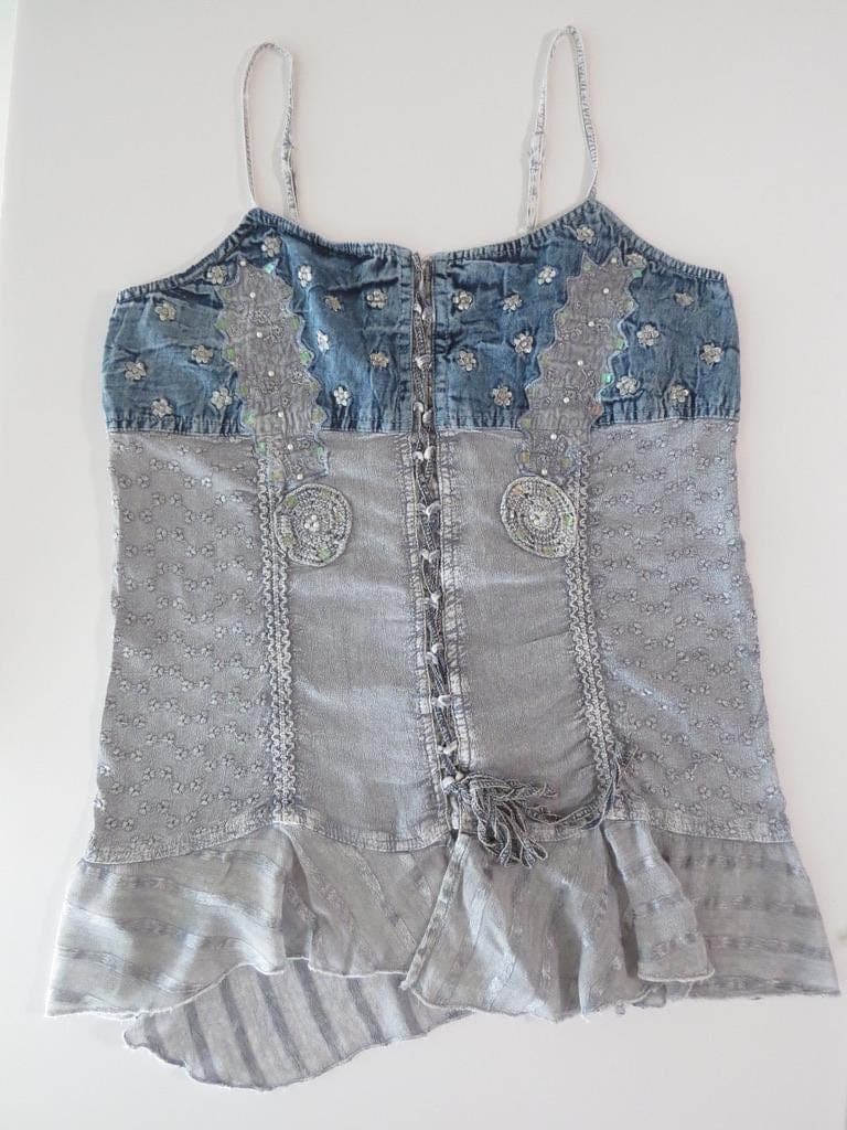 Vintage Italian Positano Jean Paul Embroidered Corset Cami, Mixed Media Denim, Sequins, Beaded