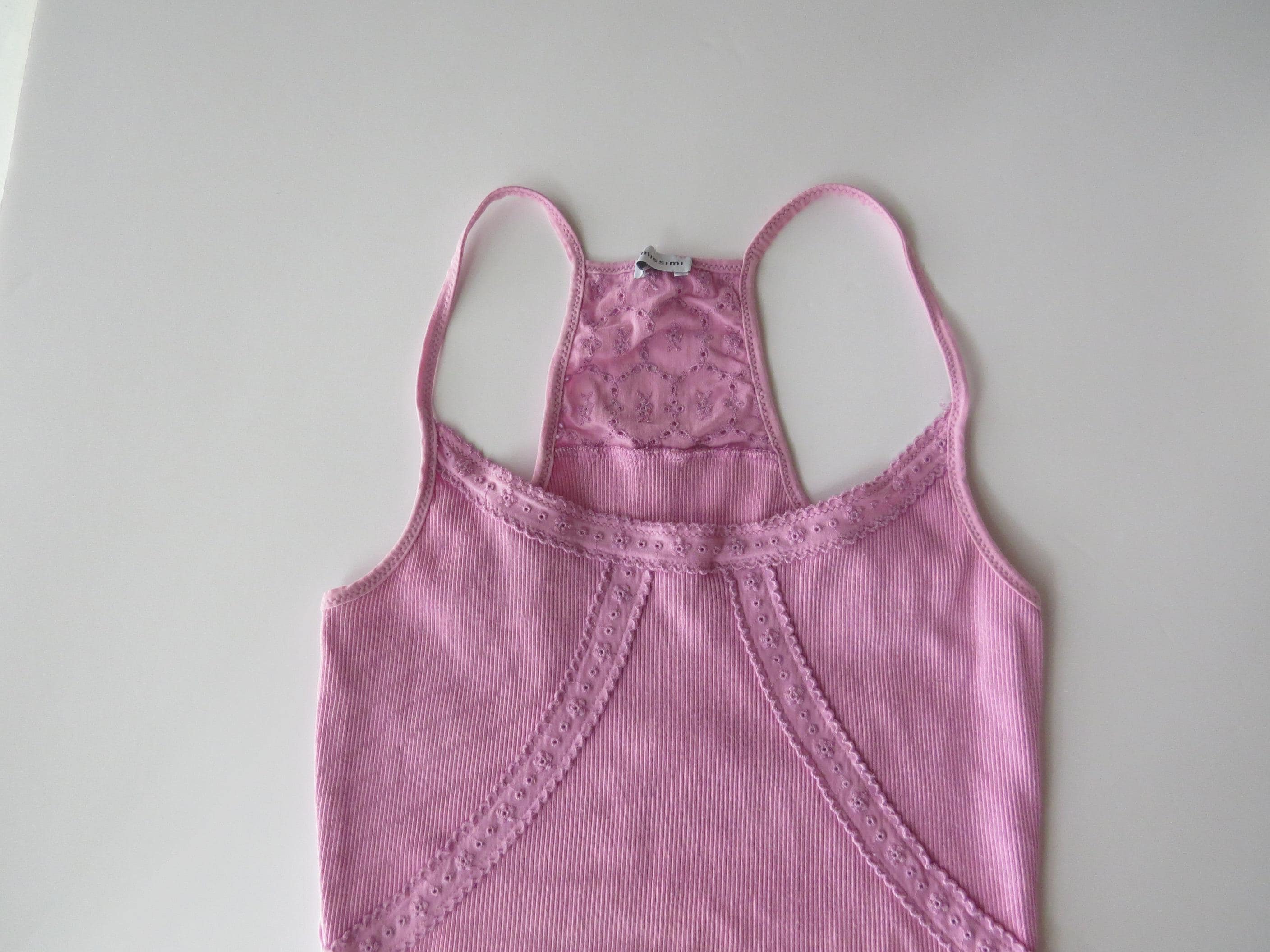 Vintage Italian Intimisismi Barbie Pink Ribbed Racerback Camisole with Eyelet Lace Details, 2000s - Thumbnail 4