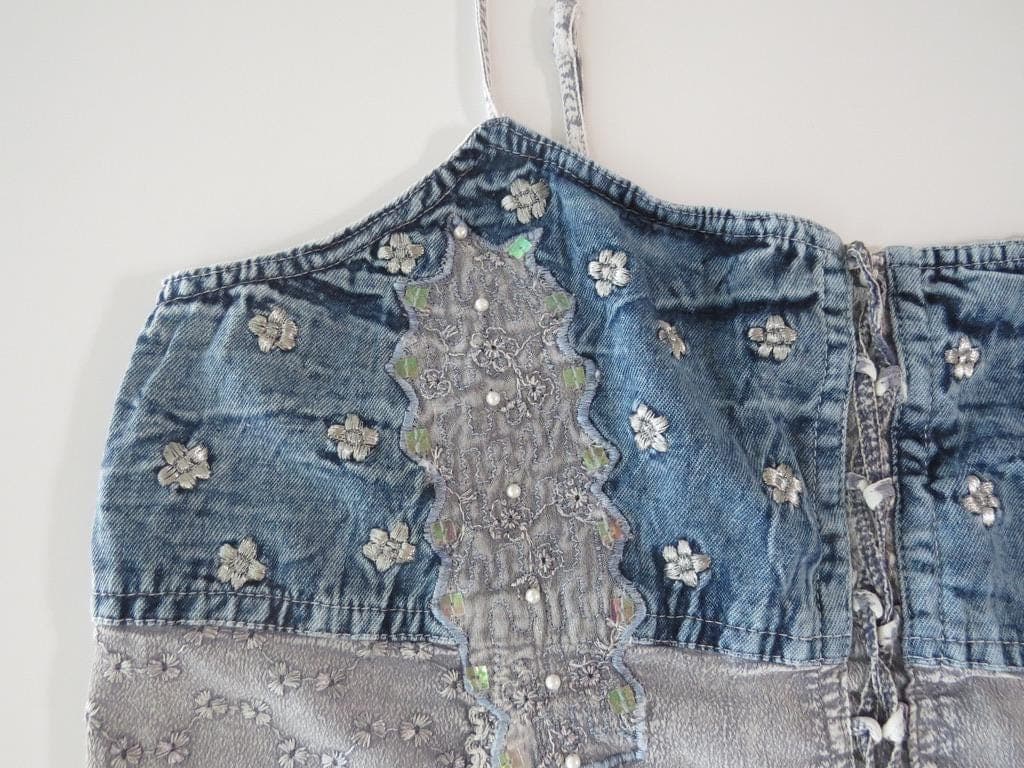 Vintage Italian Positano Jean Paul Embroidered Corset Cami, Mixed Media Denim, Sequins, Beaded - Thumbnail 5