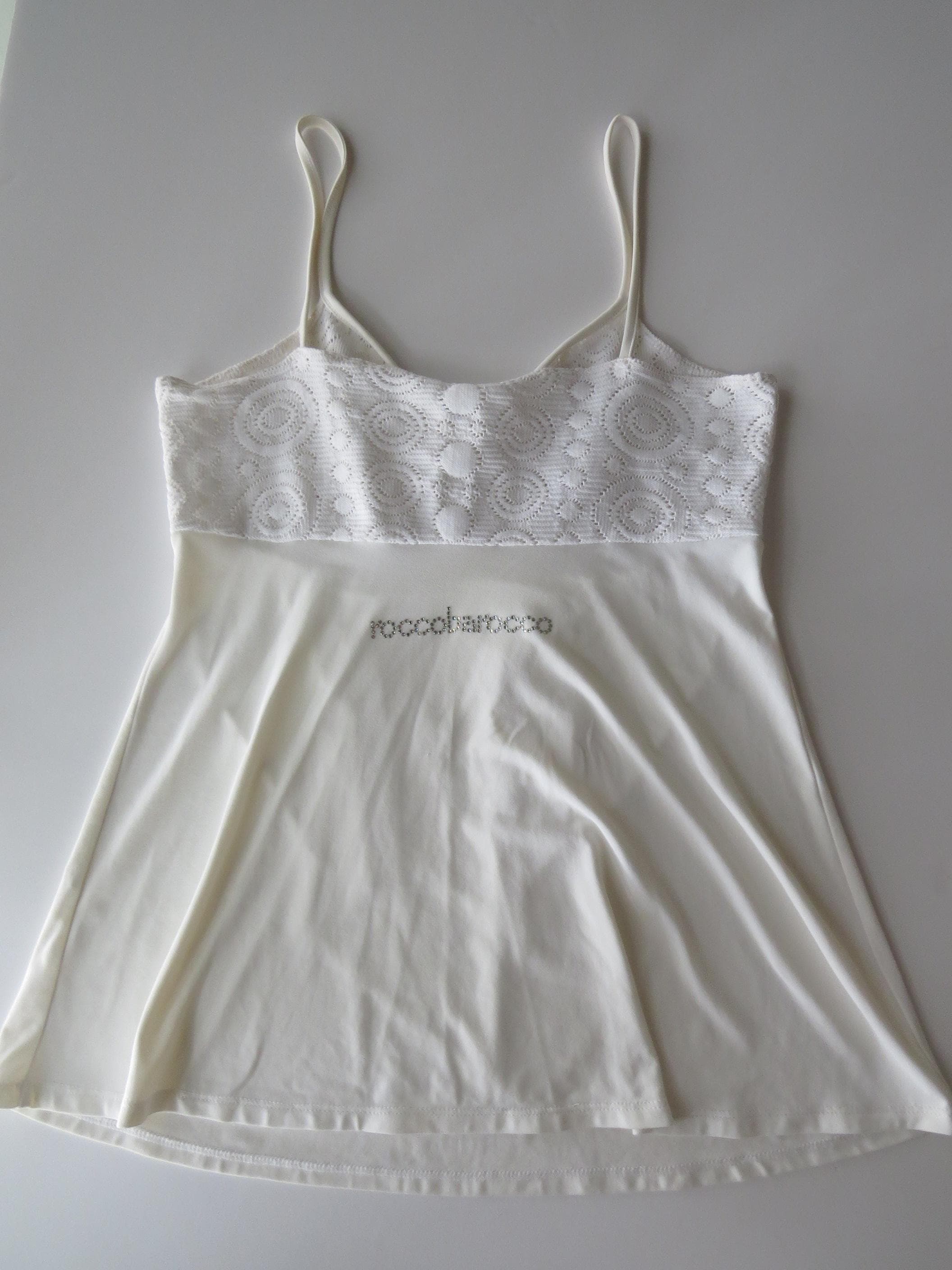 Vintage Roccobarocco White Lace Camisole, Italian Designer, 2000s, Tiered Ruffles, Made in Italy - Thumbnail 7