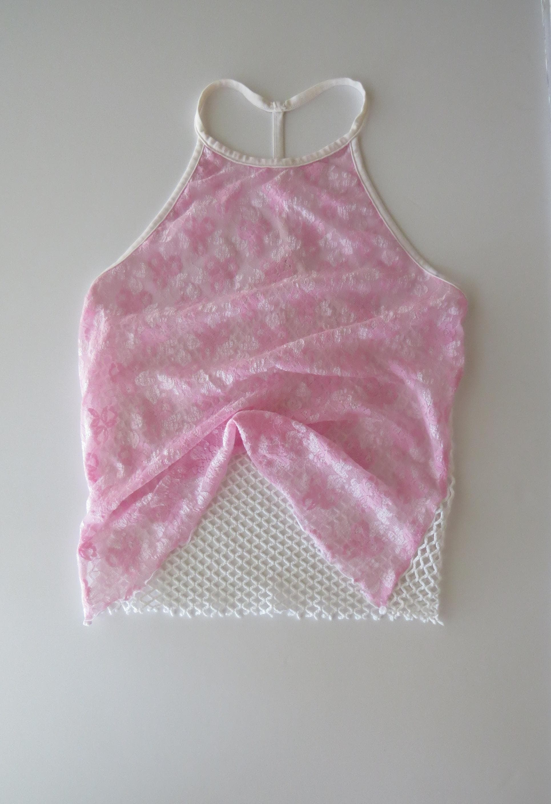 Vintage Italian 2000s Pastel Baby Pink Lace & Fishnet Halter Top, 2000s Intimissimi