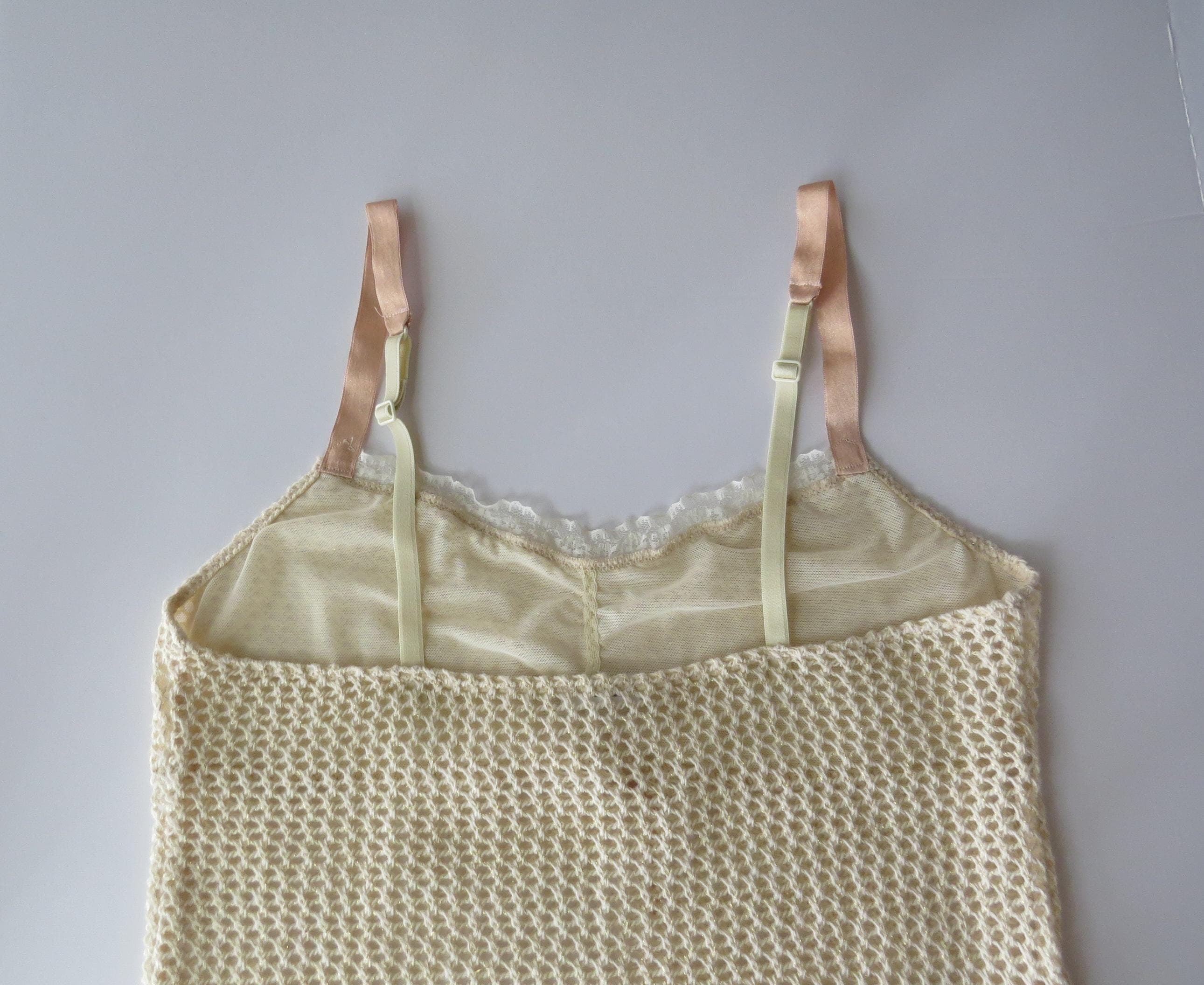 Vintage 00s Italian Open Knit Mesh Cami with Peach Straps, Pink Bows - Thumbnail 4