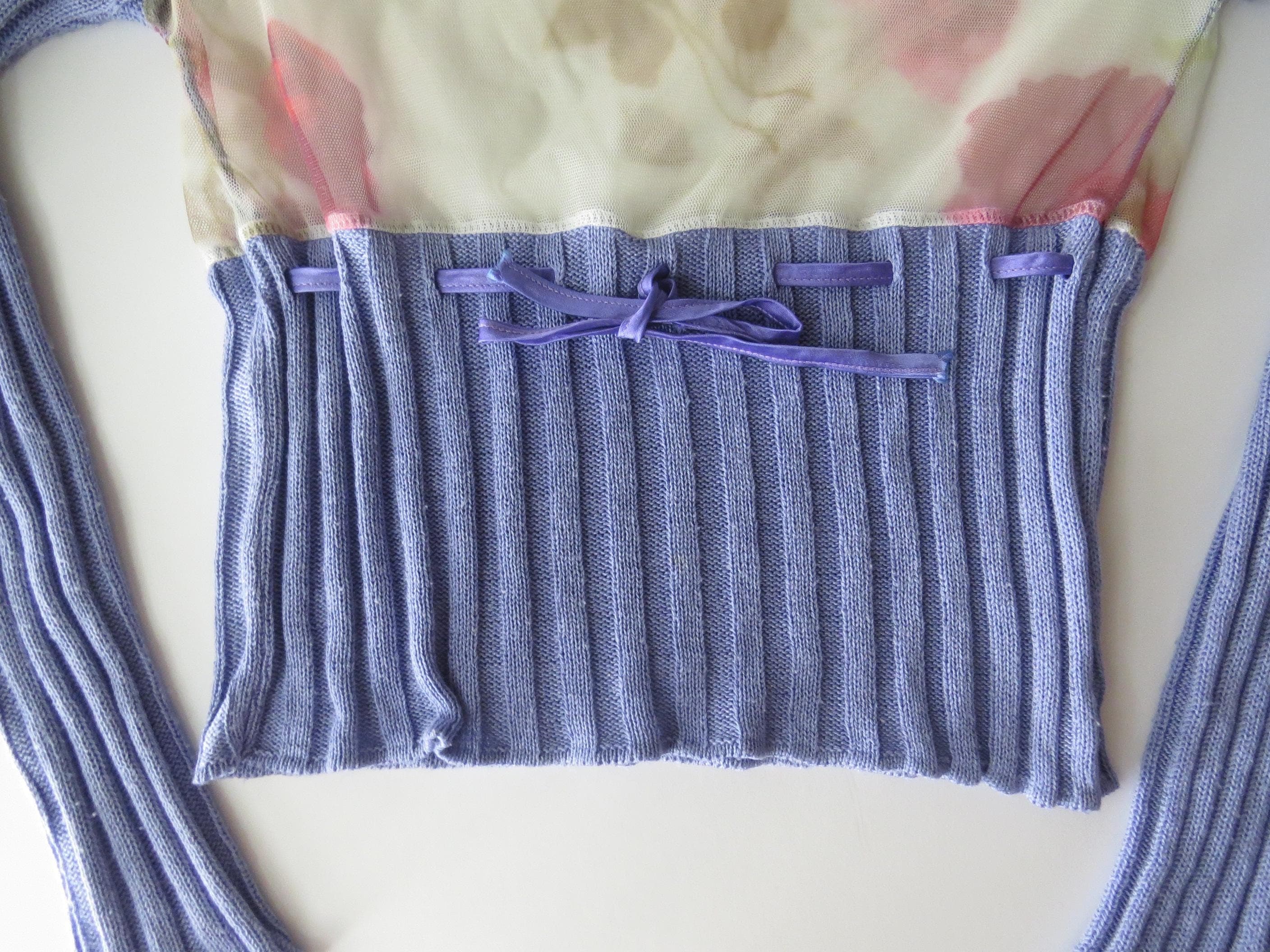 Vintage Italian Lilac Knit Top, Floral Mesh Long Sleeve Panel, Made in Italy 90s - Thumbnail 7