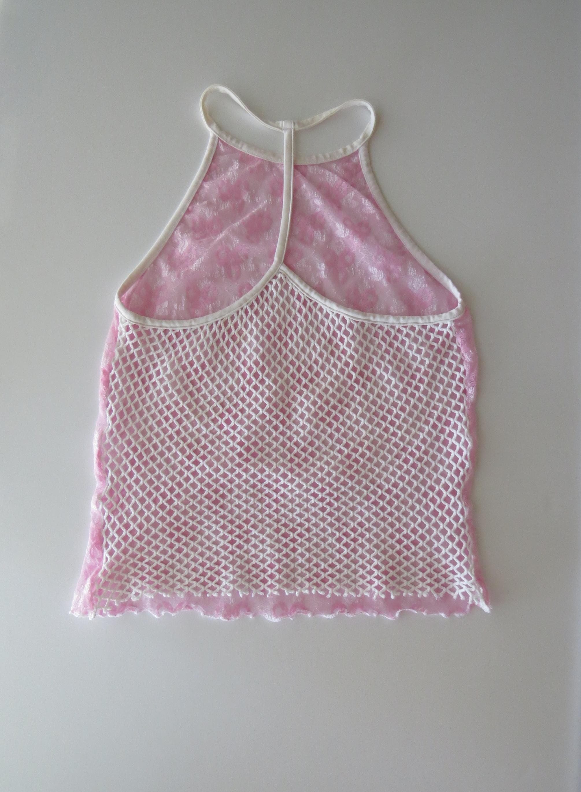 Vintage Italian 2000s Pastel Baby Pink Lace & Fishnet Halter Top, 2000s Intimissimi - Thumbnail 4