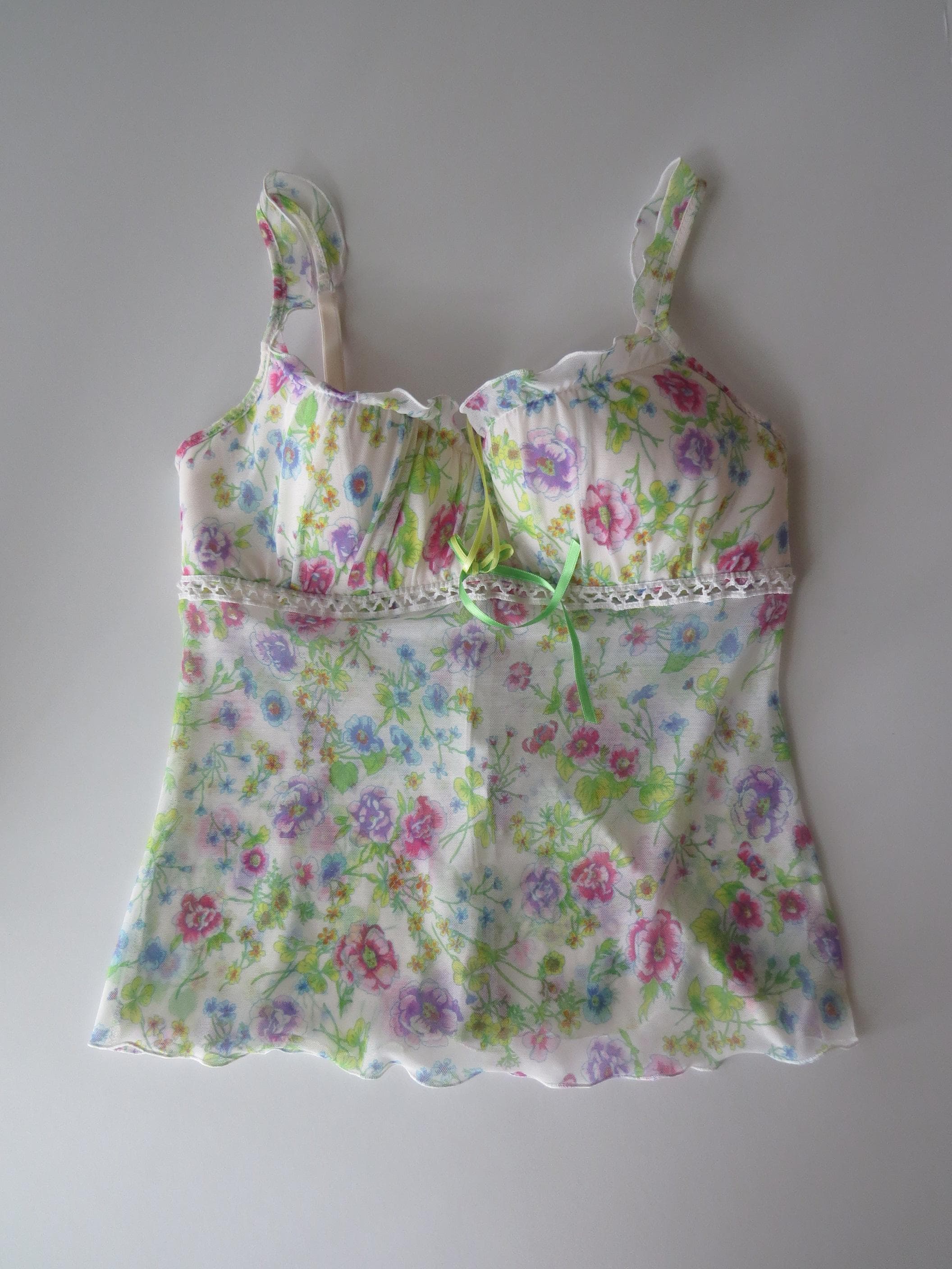 Vintage 00s Italian Intimissimi Wildflower Floral Mesh Bustier, Green and Pink, Bow, Crochet Details