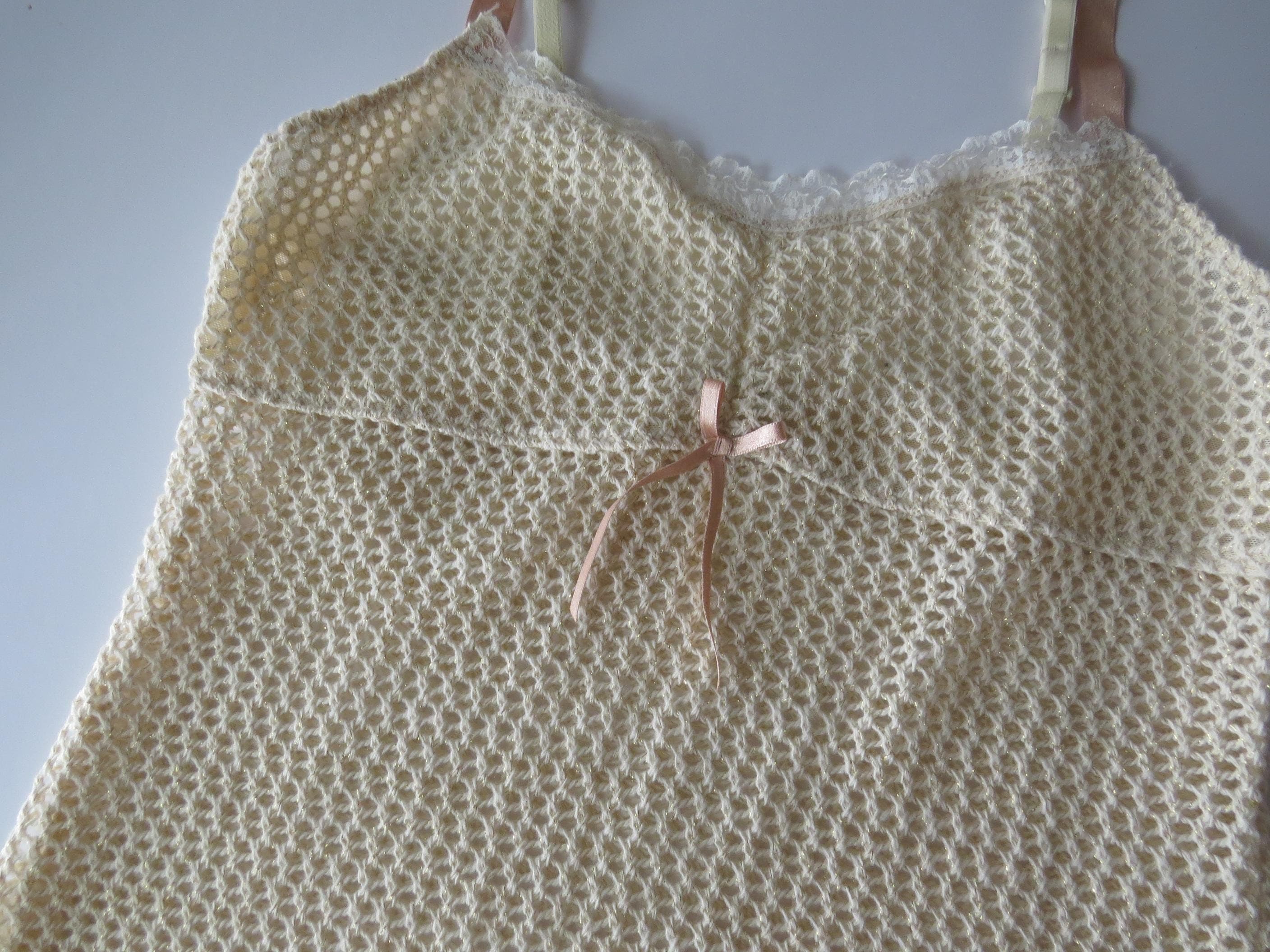 Vintage 00s Italian Open Knit Mesh Cami with Peach Straps, Pink Bows - Thumbnail 7