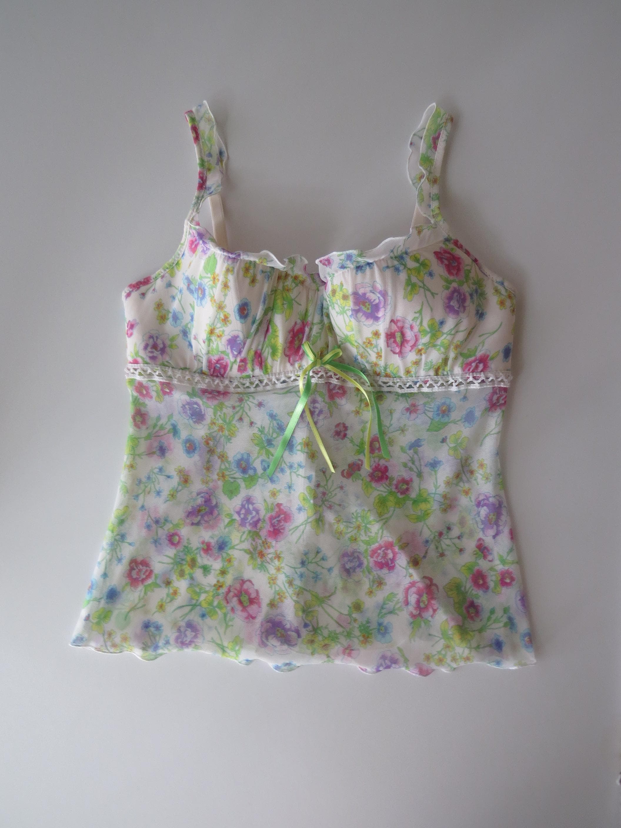 Vintage 00s Italian Intimissimi Wildflower Floral Mesh Bustier, Green and Pink, Bow, Crochet Details - Thumbnail 5
