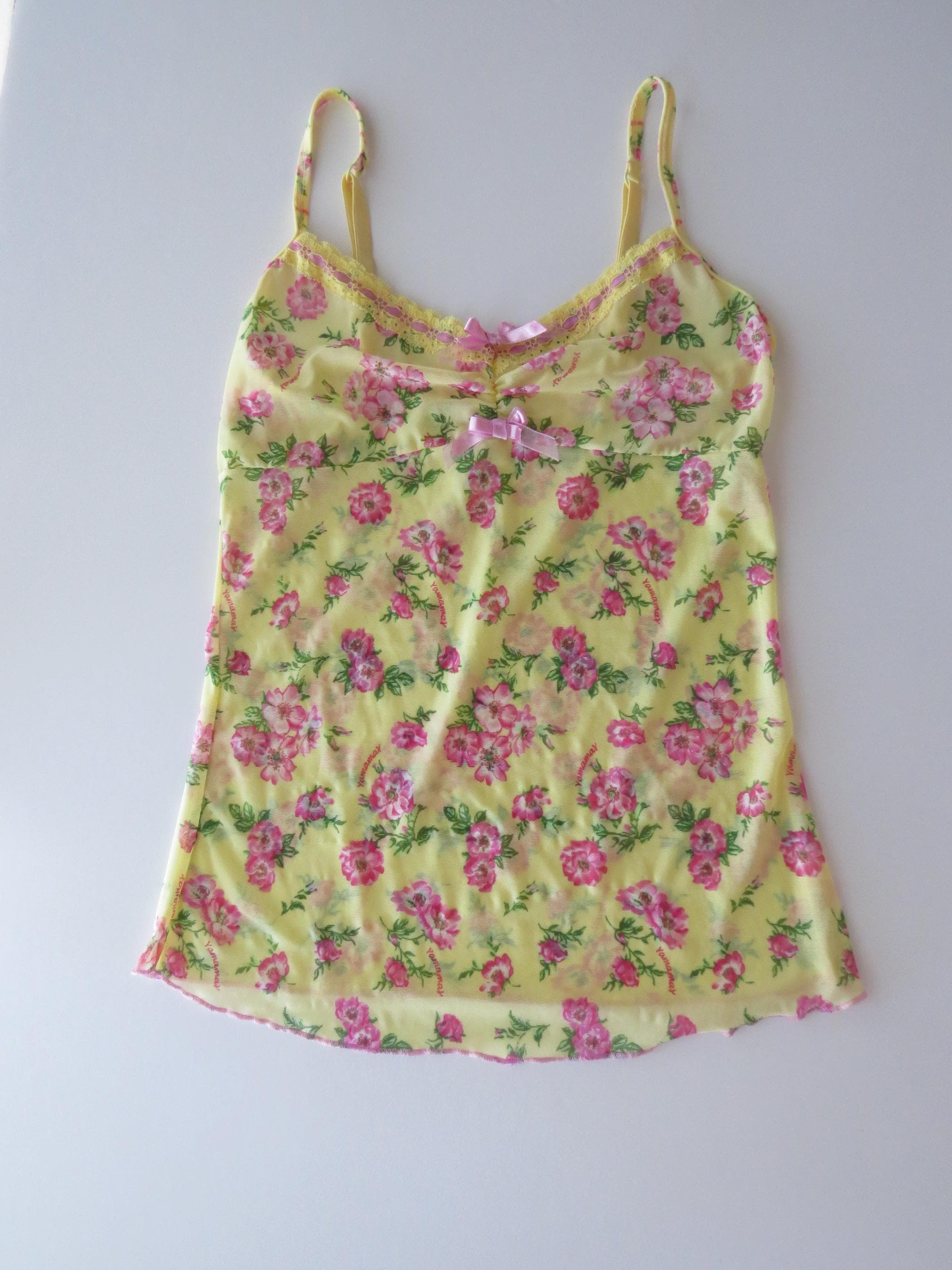 Vintage Italian Yamamay Floral Mesh Camisole and Panty Set Yellow Pink Rose 90s - Thumbnail 2