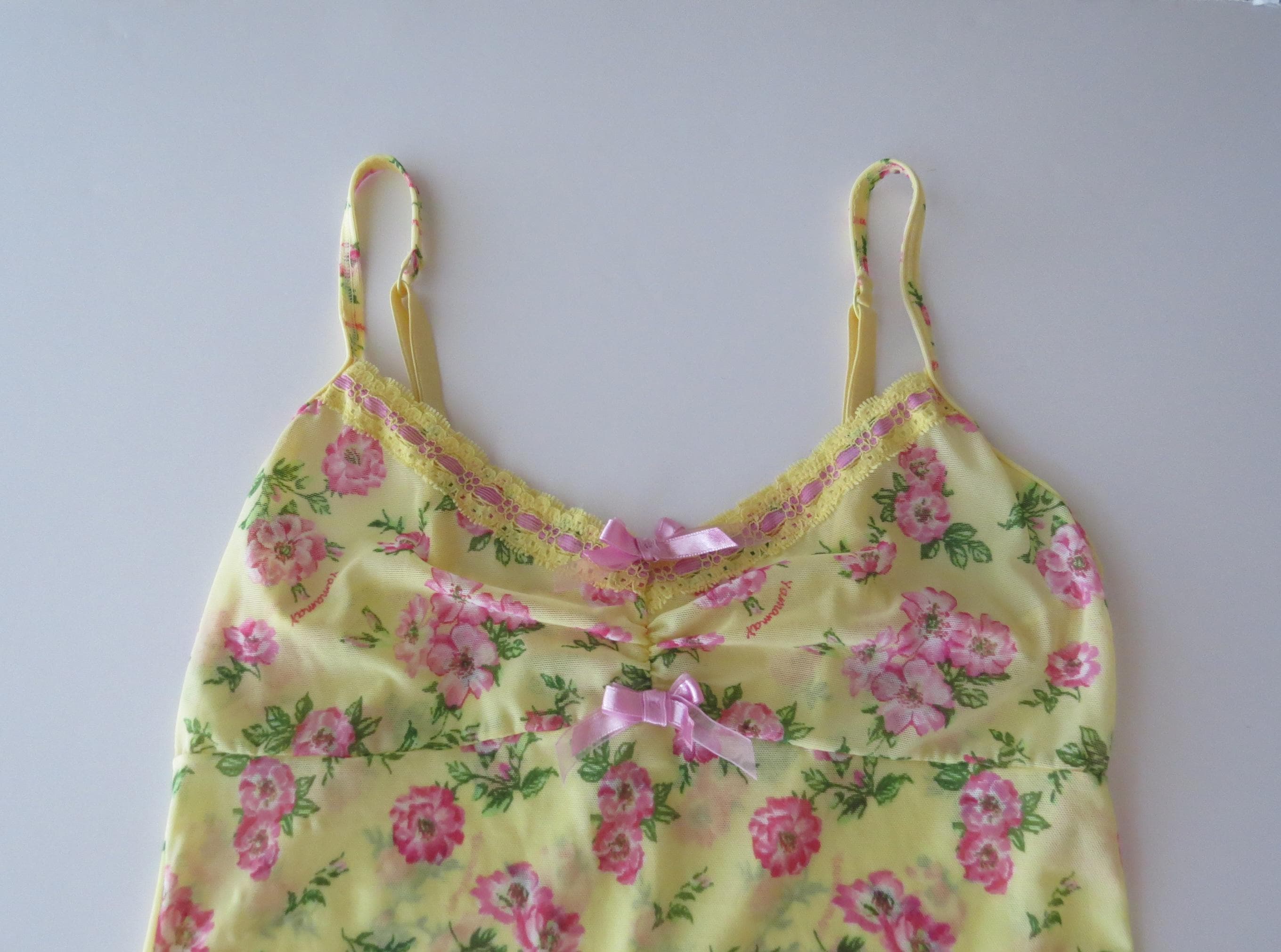 Vintage Italian Yamamay Floral Mesh Camisole and Panty Set Yellow Pink Rose 90s - Thumbnail 3