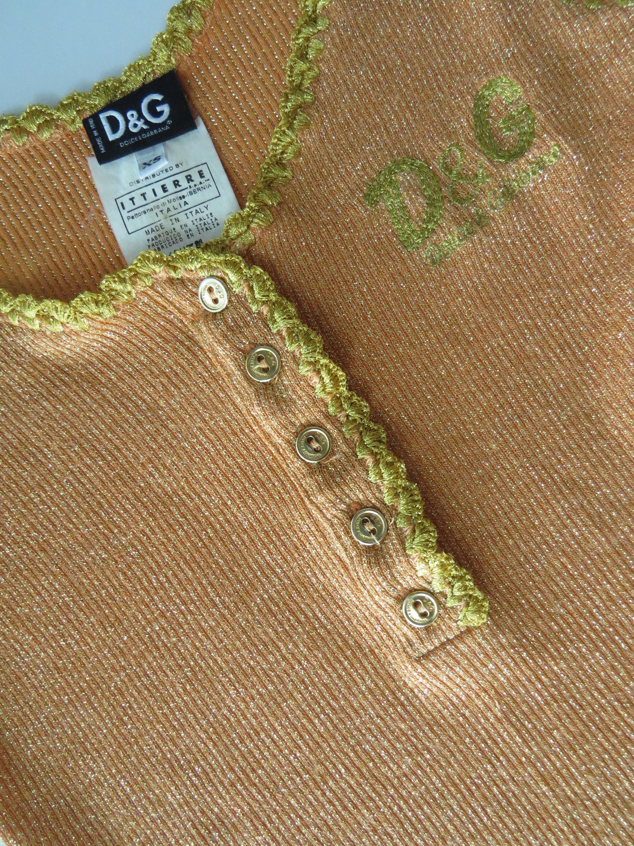 Vintage D&G Dolce Gabbana Orange Gold Sparkle Button-Up Tank Top, 2000s, Made in Italy - Thumbnail 6