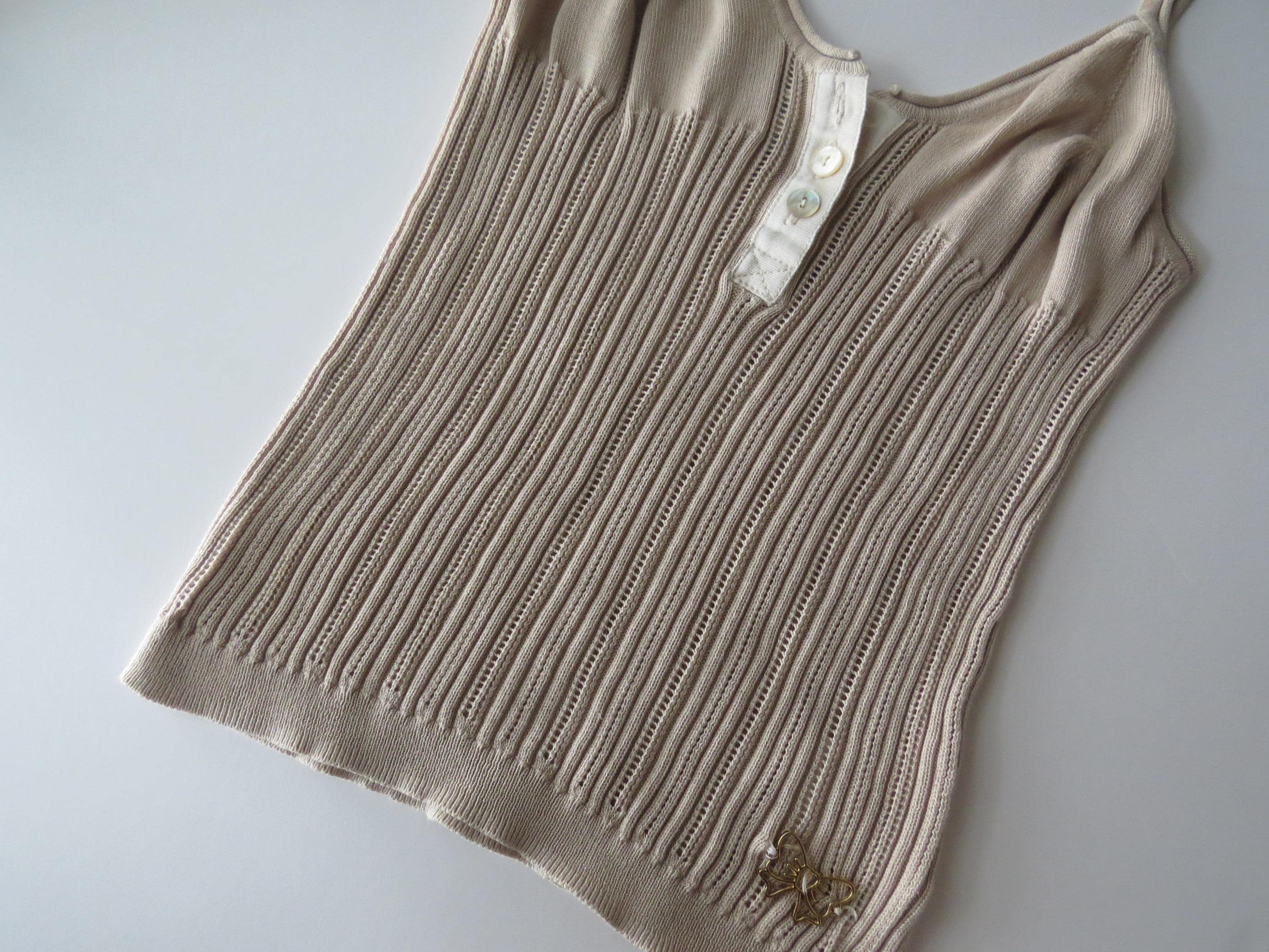 Vintage 2000s Fiore Atelier Ribbed Knit Camisole, Italian 00s, Camel Brown/Tan, Butterfly Applique - Thumbnail 7