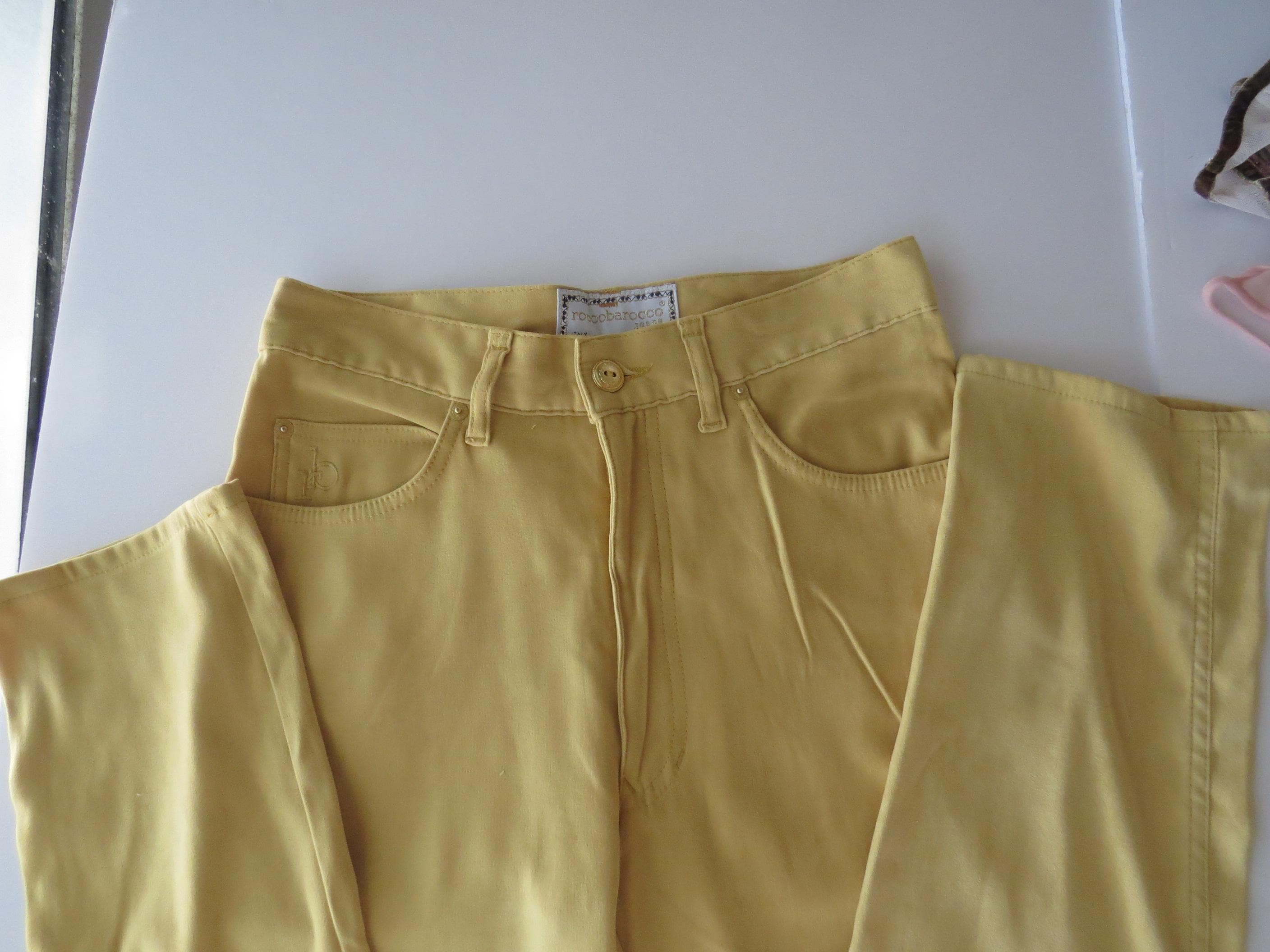 Rare 90s Vintage Roccobarocco Jeans, Italian Mustard Yellow High-Waisted Denim, Made in Italy - Thumbnail 10