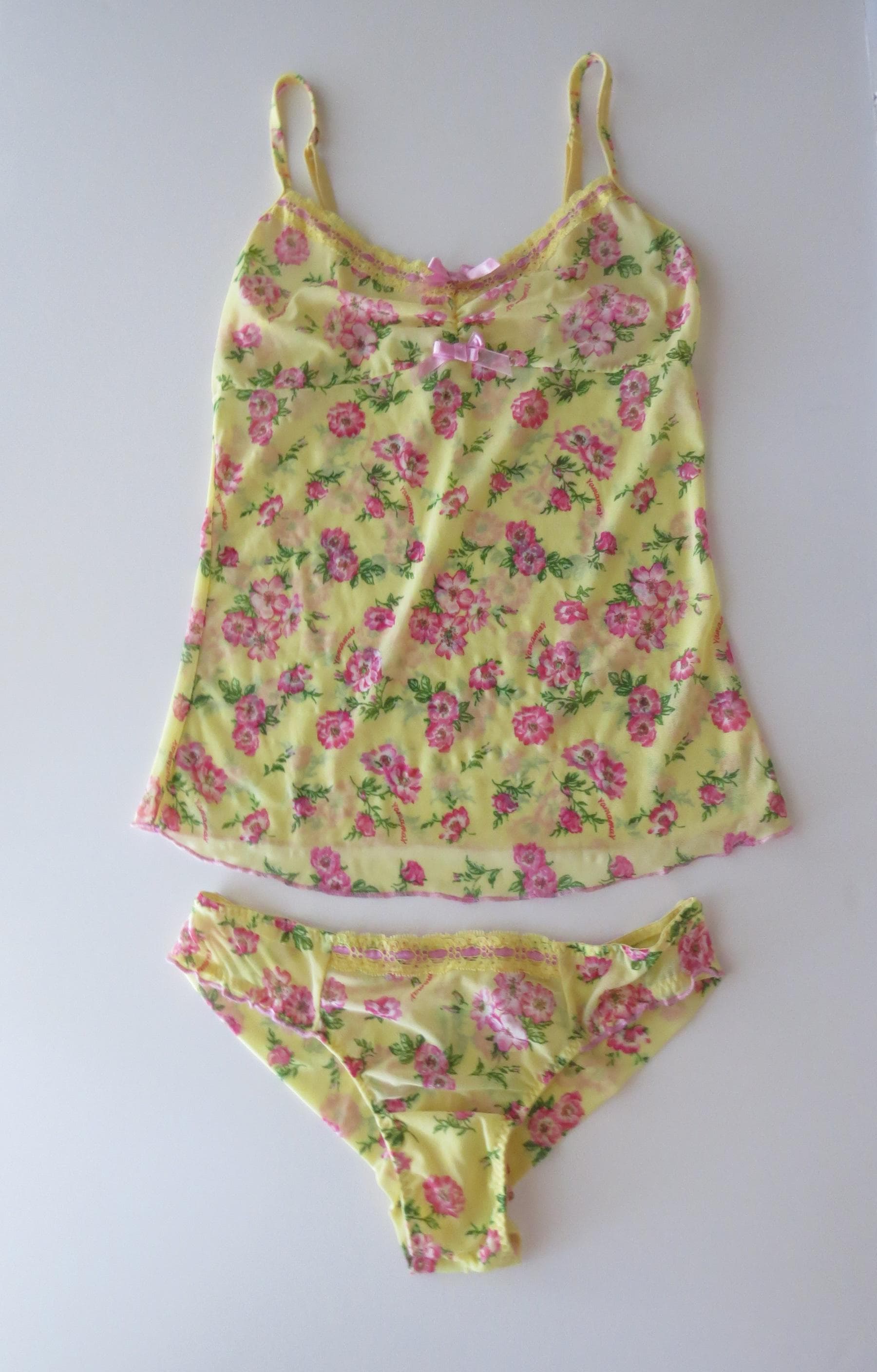 Vintage Italian Yamamay Floral Mesh Camisole and Panty Set Yellow Pink Rose 90s