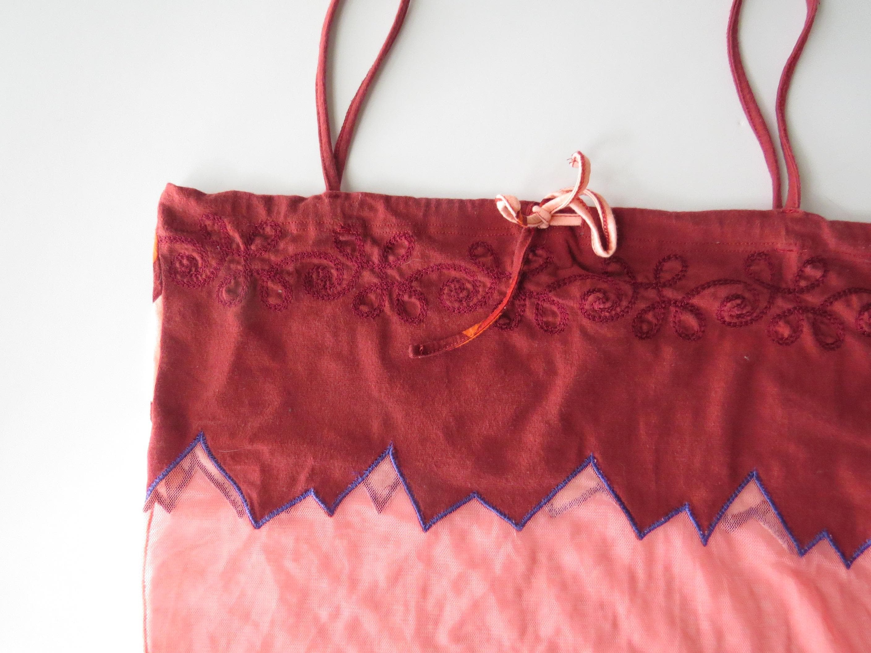 Vintage Italian 00s Designer Pinko Layered Mesh Embroidered Zigzag Top, Coral, Made in Italy - Thumbnail 3