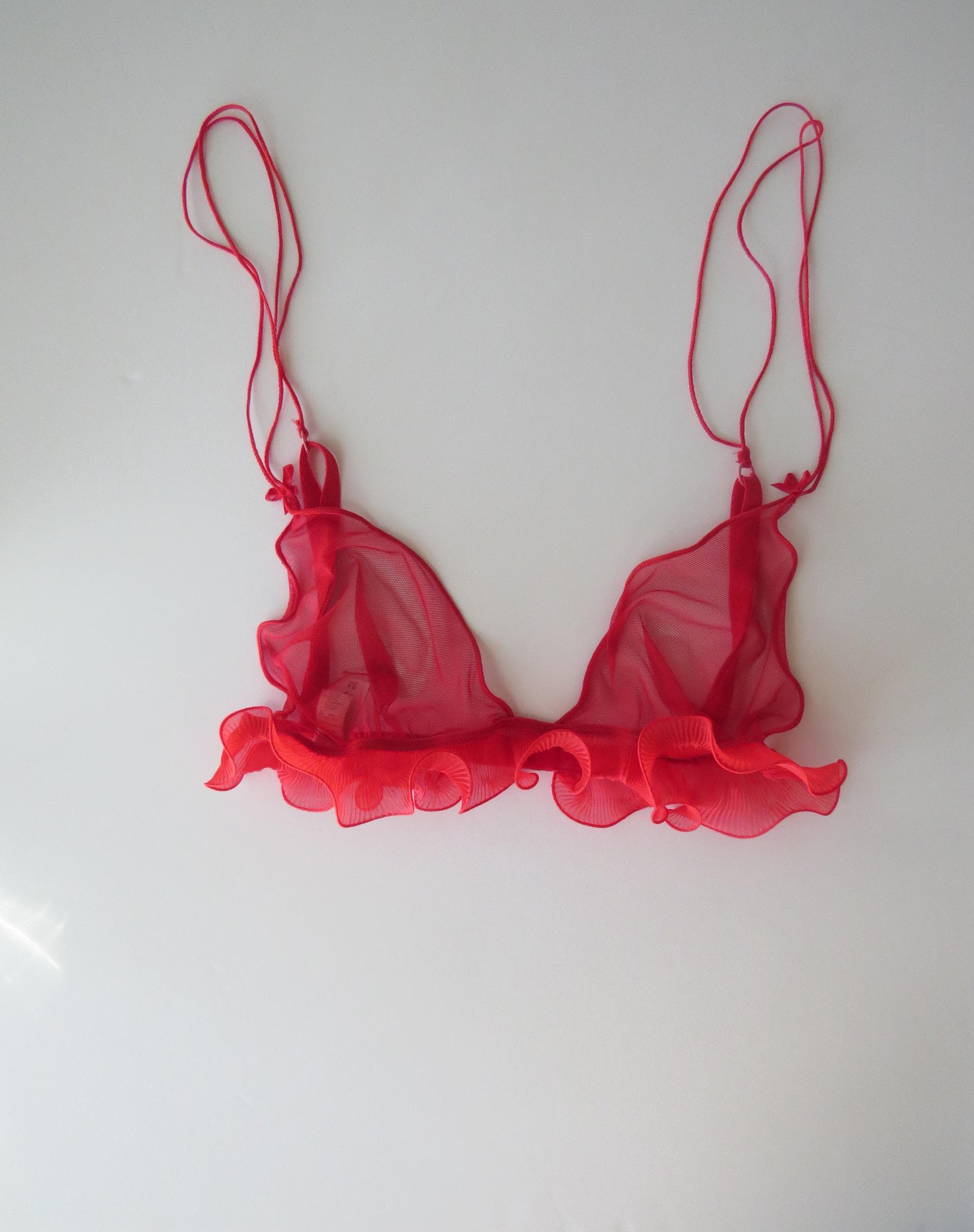 Malizia La Perla Cherry Red Mesh Ruffle Bralette, Made in Italy, Vintage Italian 2000s