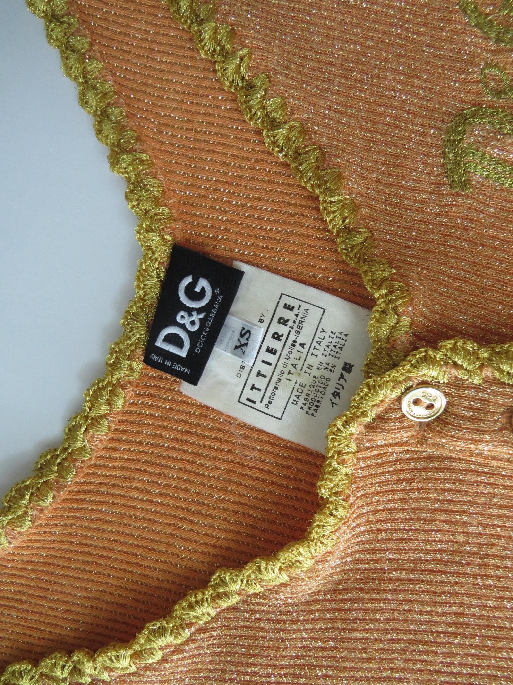 Vintage D&G Dolce Gabbana Orange Gold Sparkle Button-Up Tank Top, 2000s, Made in Italy - Thumbnail 4