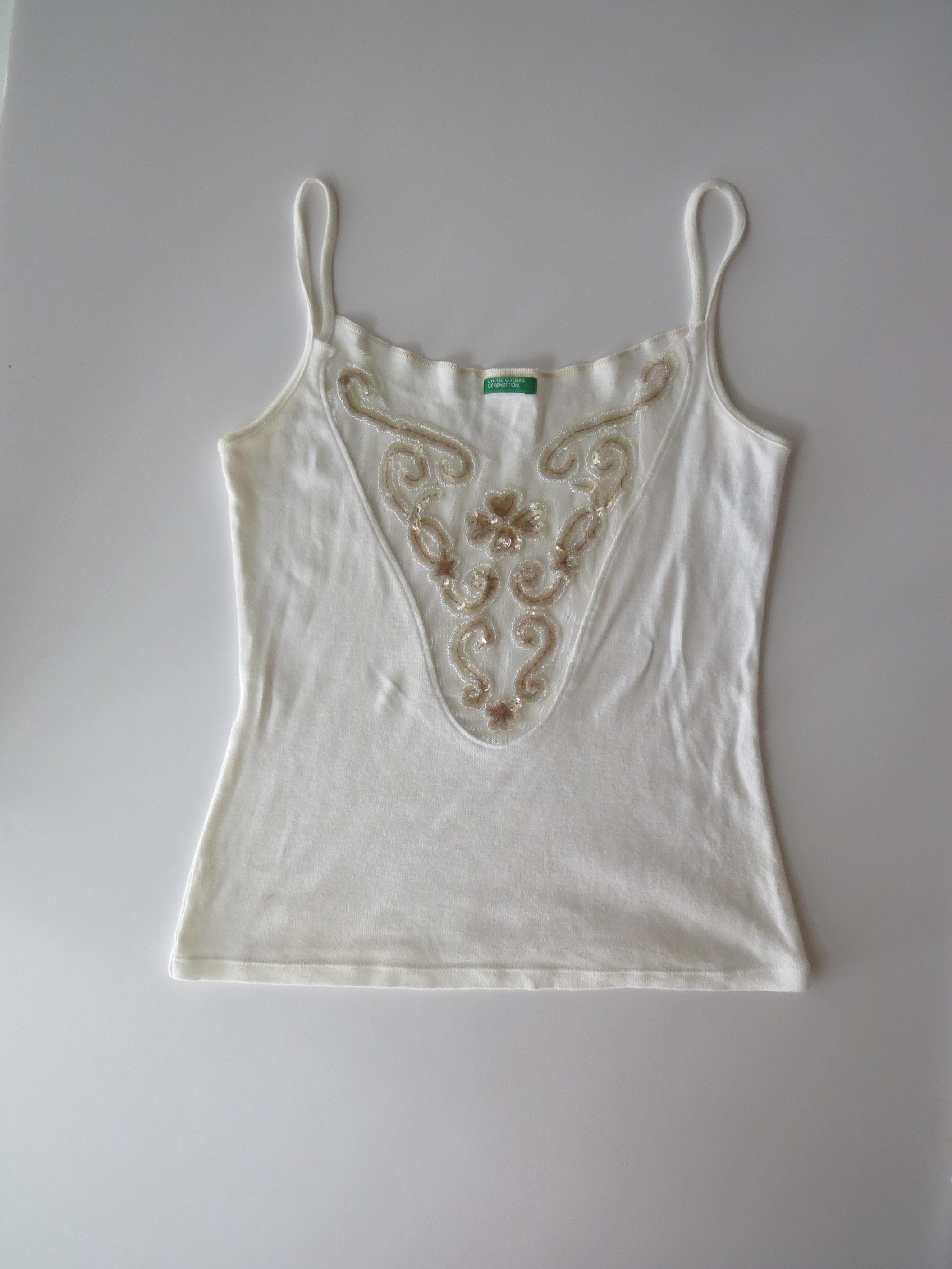 Vintage 00s Italian Benetton Beaded Tank Top, Sequined Mesh, 90s Minimalist, Made in Italy