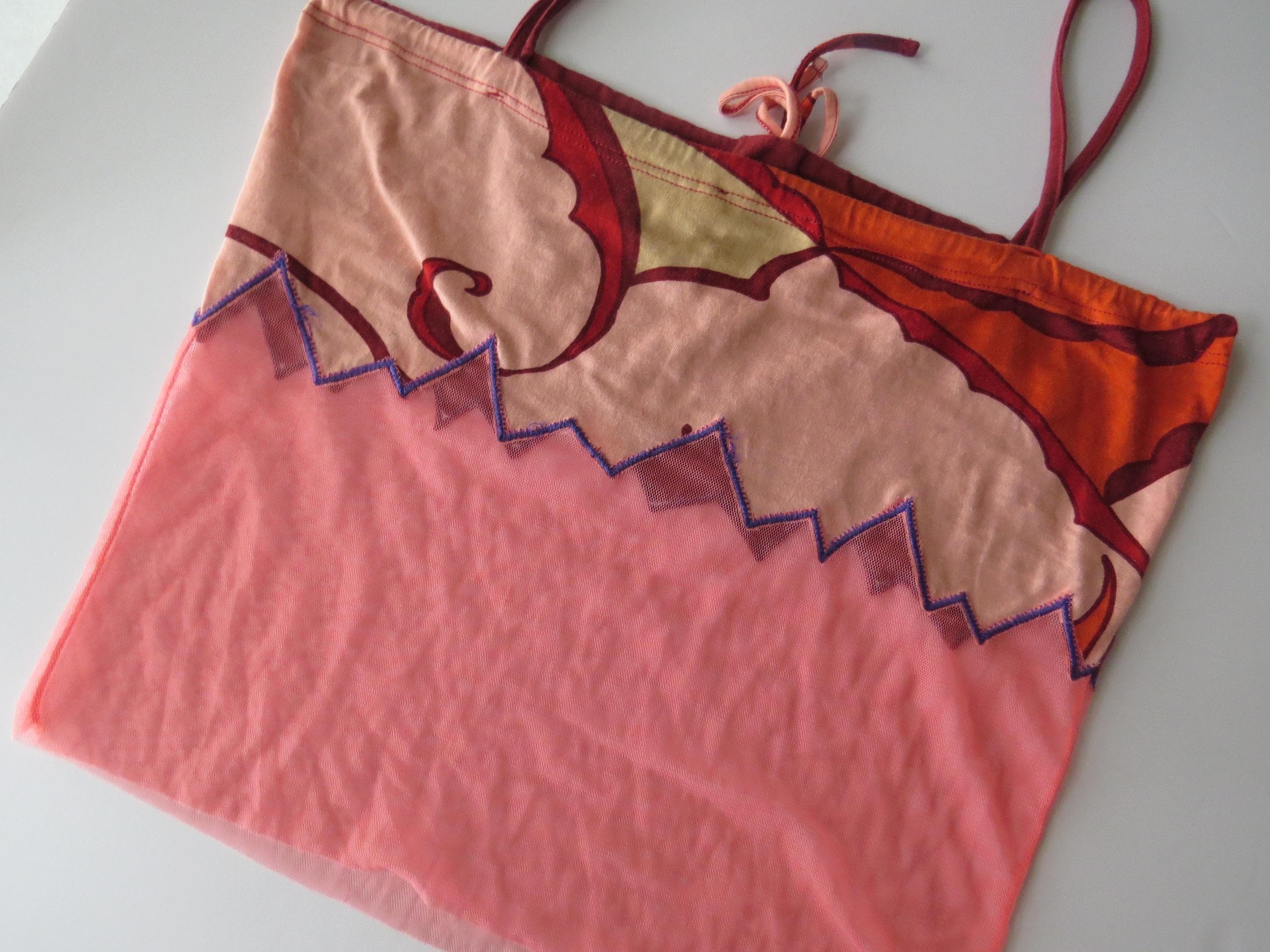 Vintage Italian 00s Designer Pinko Layered Mesh Embroidered Zigzag Top, Coral, Made in Italy - Thumbnail 4