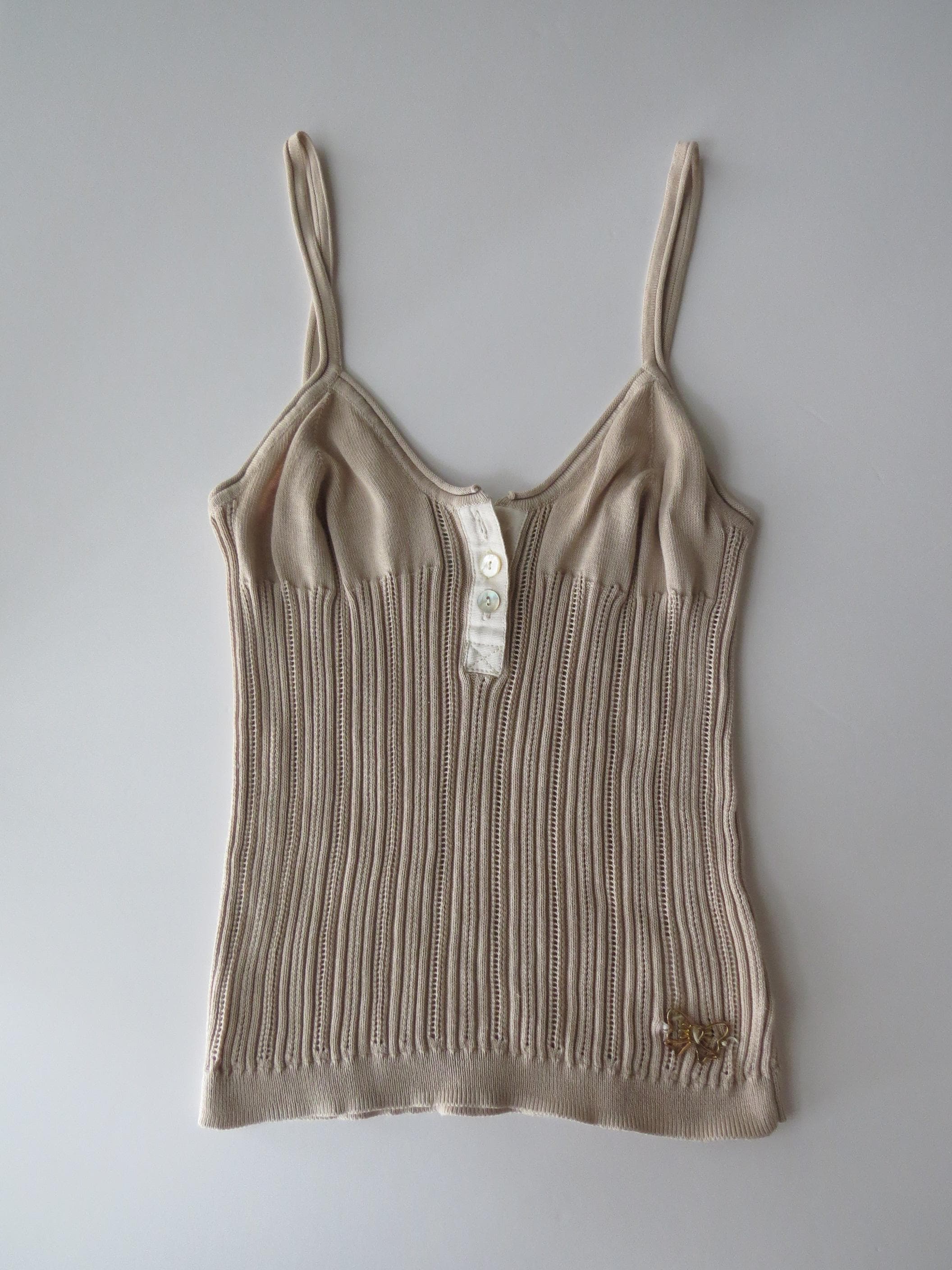Vintage 2000s Fiore Atelier Ribbed Knit Camisole, Italian 00s, Camel Brown/Tan, Butterfly Applique