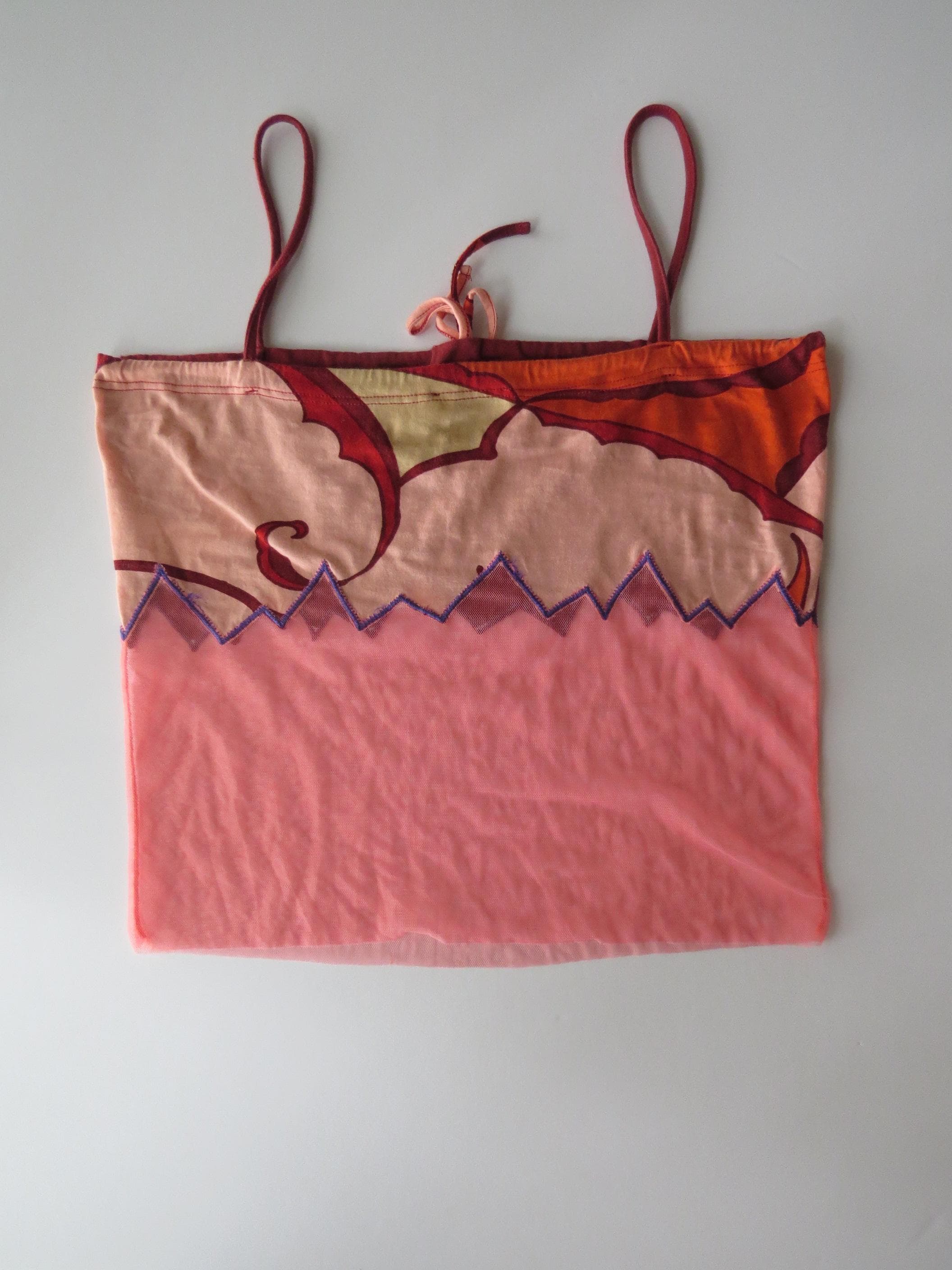 Vintage Italian 00s Designer Pinko Layered Mesh Embroidered Zigzag Top, Coral, Made in Italy - Thumbnail 2