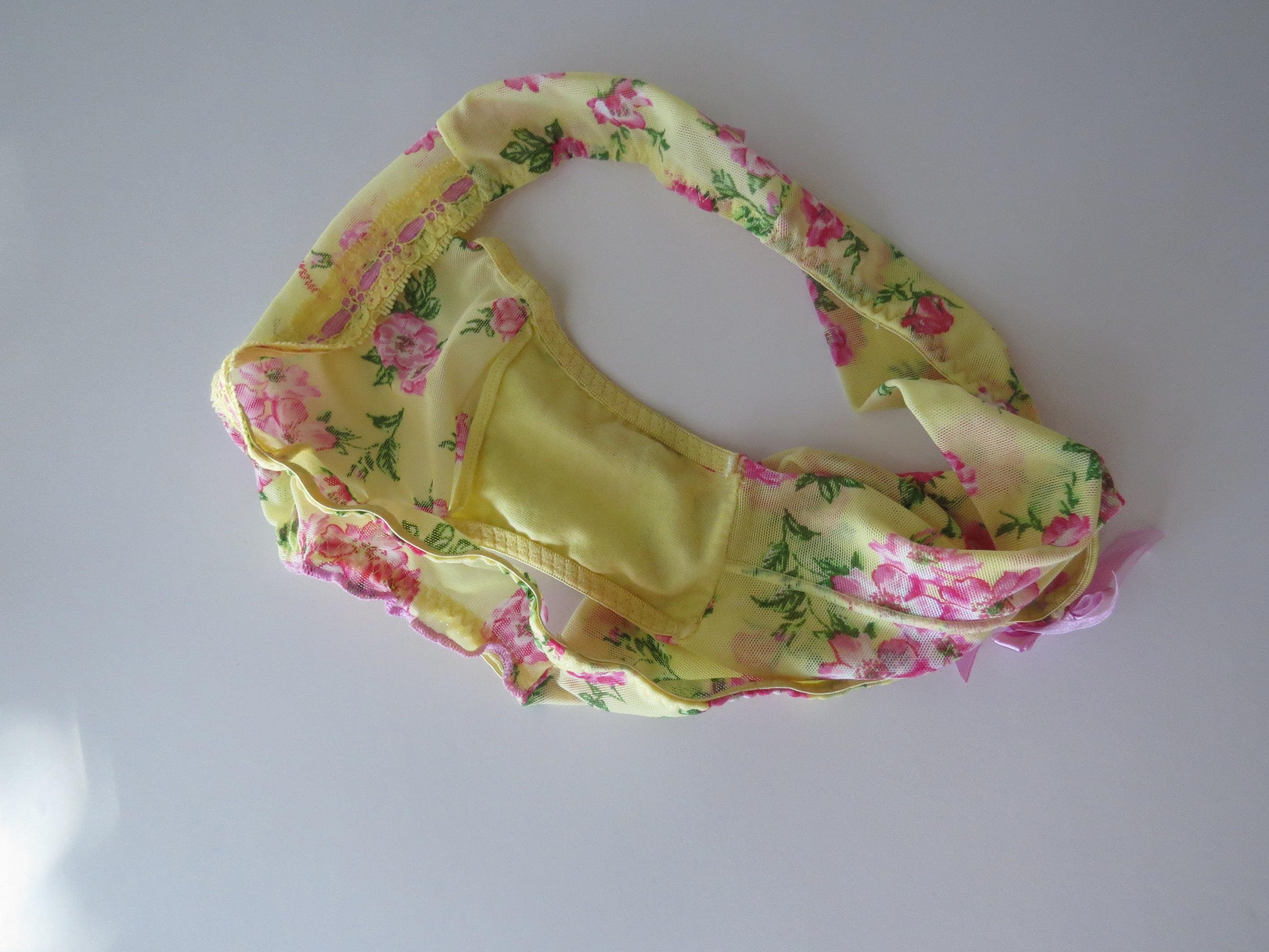 Vintage Italian Yamamay Floral Mesh Camisole and Panty Set Yellow Pink Rose 90s - Thumbnail 8