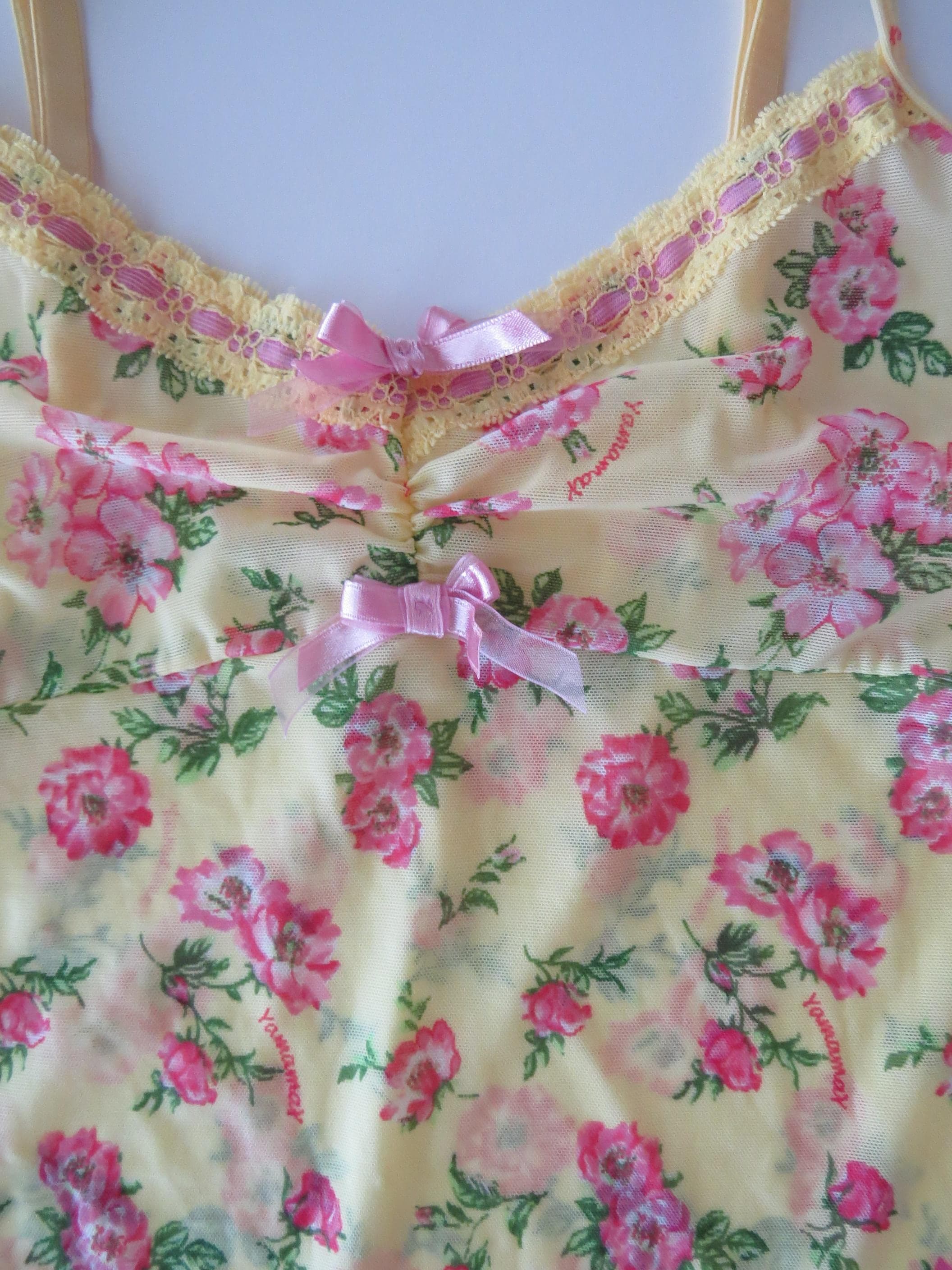 Vintage Italian Yamamay Floral Mesh Camisole and Panty Set Yellow Pink Rose 90s - Thumbnail 7