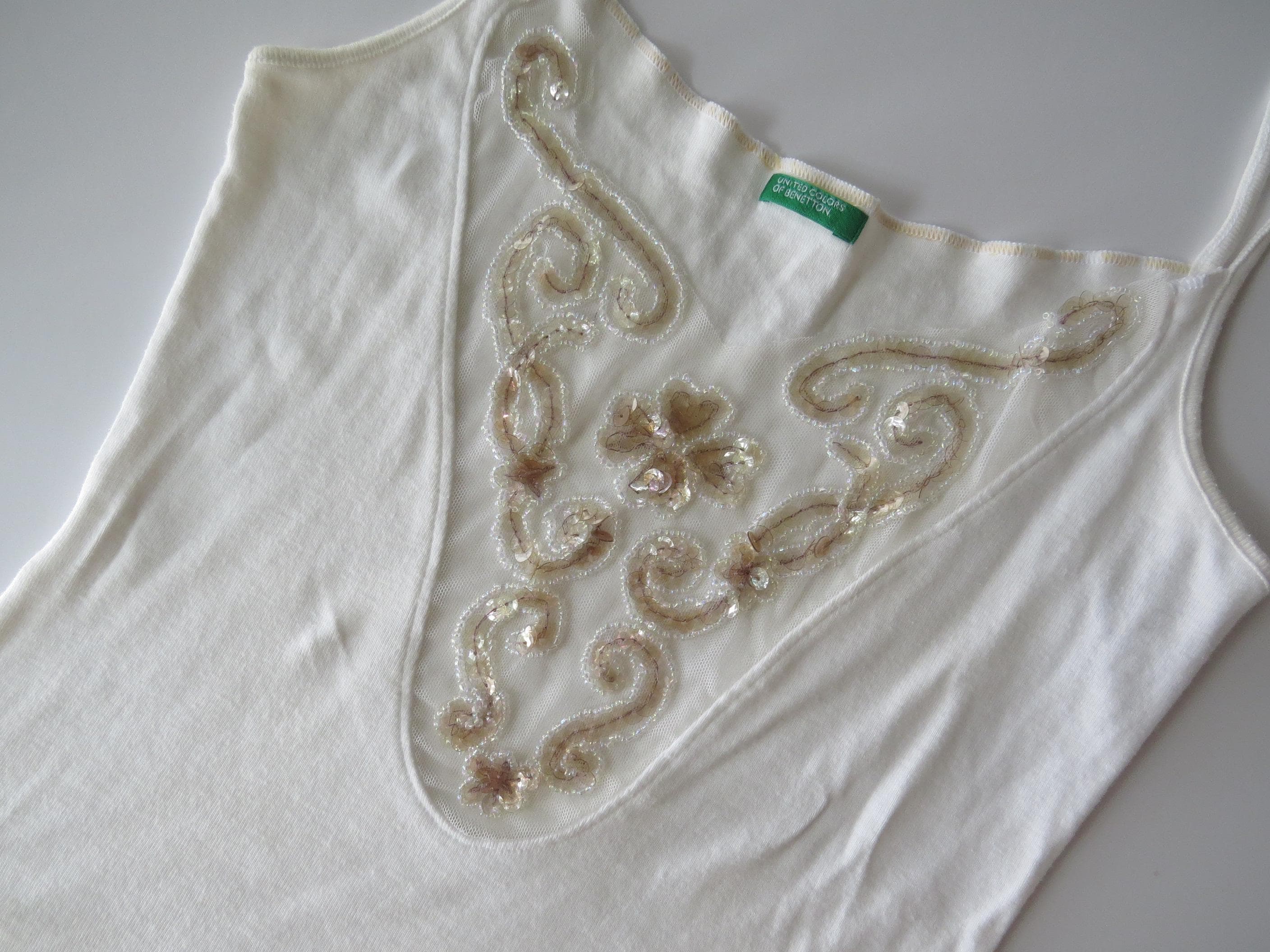 Vintage 00s Italian Benetton Beaded Tank Top, Sequined Mesh, 90s Minimalist, Made in Italy - Thumbnail 2