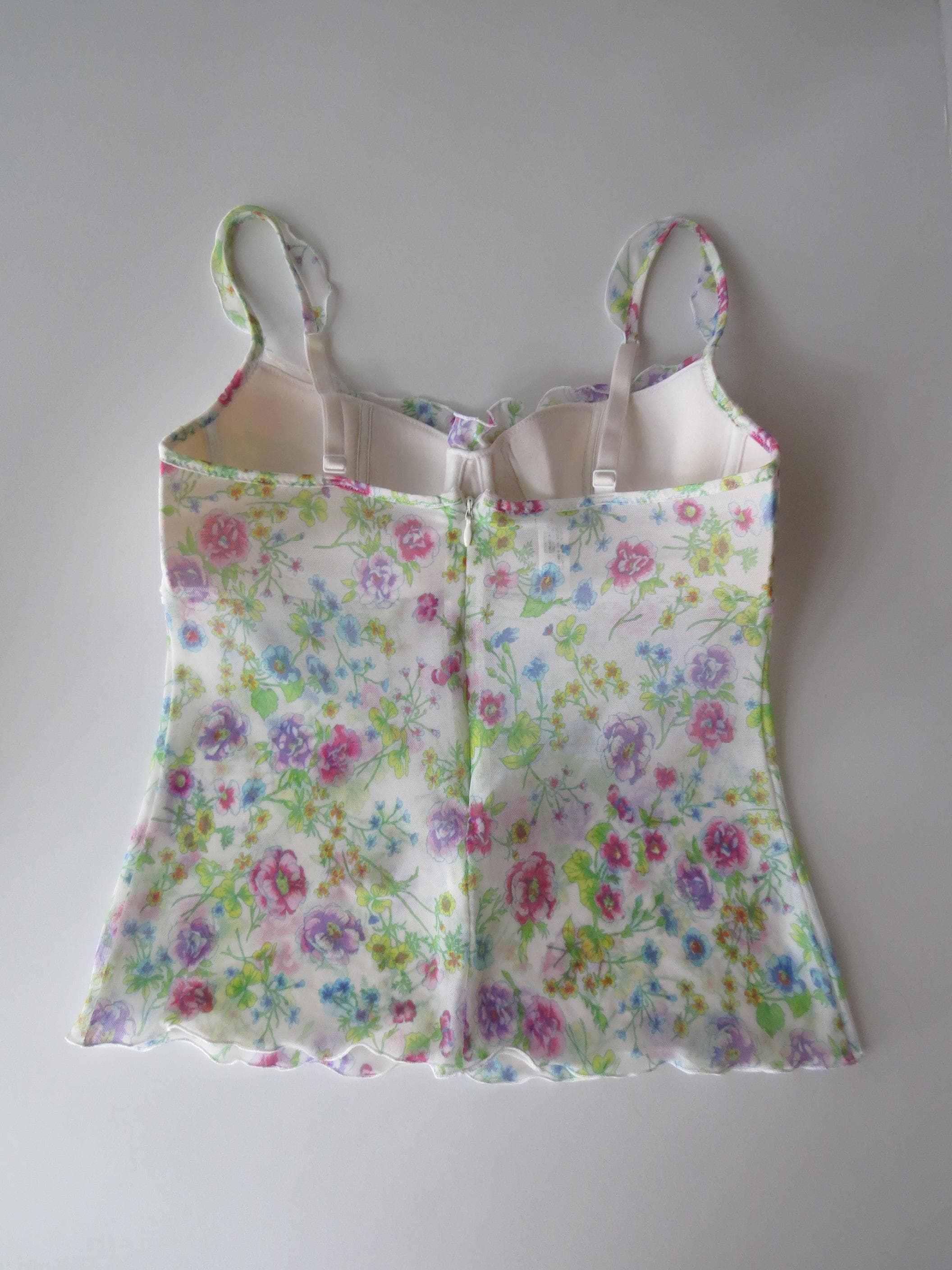 Vintage 00s Italian Intimissimi Wildflower Floral Mesh Bustier, Green and Pink, Bow, Crochet Details - Thumbnail 2