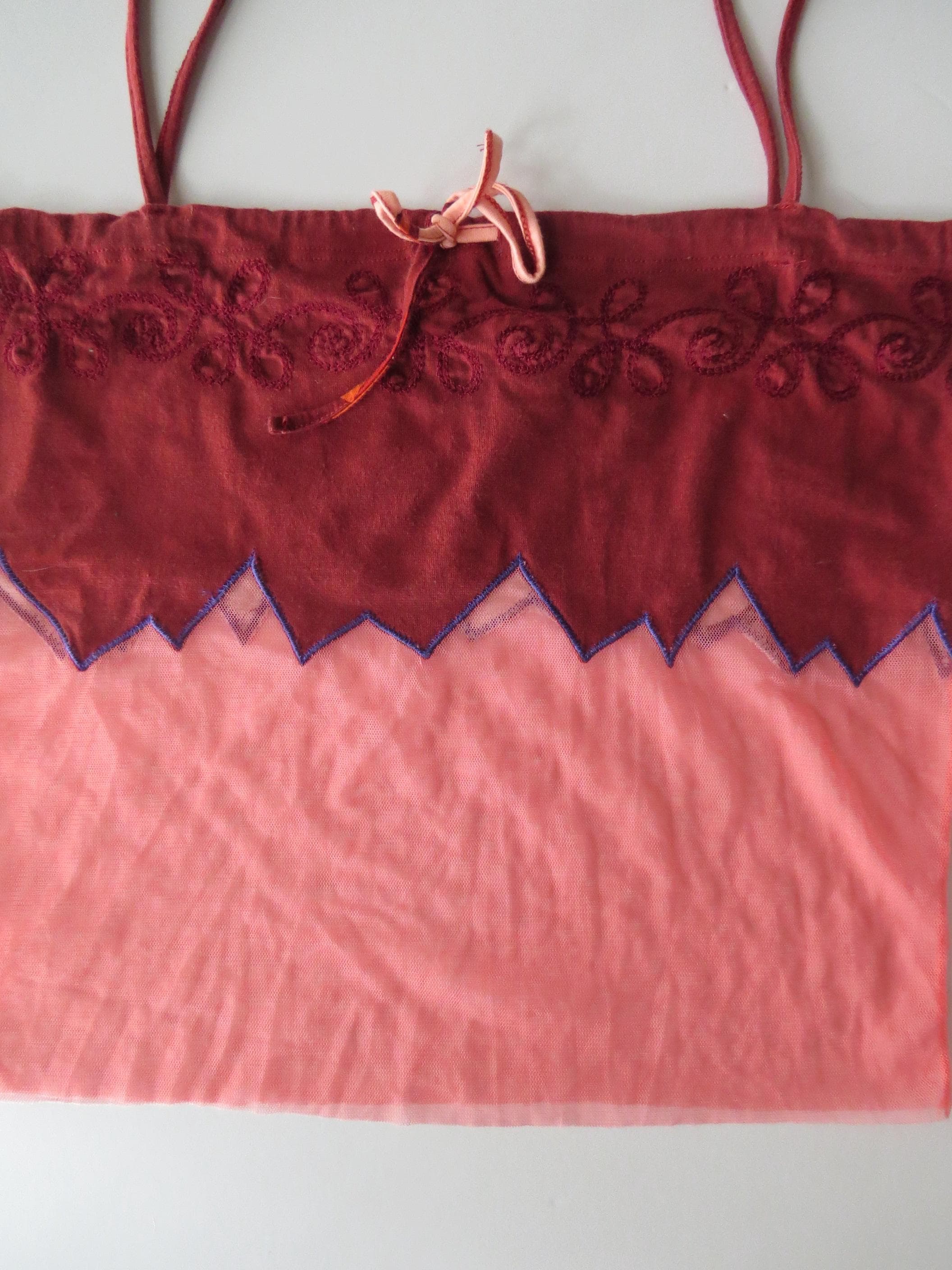 Vintage Italian 00s Designer Pinko Layered Mesh Embroidered Zigzag Top, Coral, Made in Italy - Thumbnail 7
