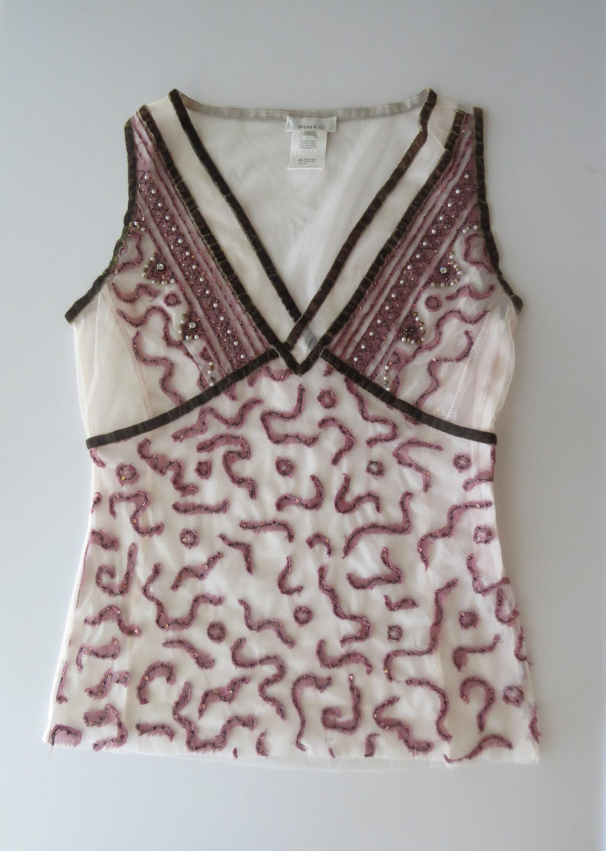 Vintage Pinko Italian 90s Silk Blend Embroidered Camisole, Beaded Mesh, Velvet, Made in Italy
