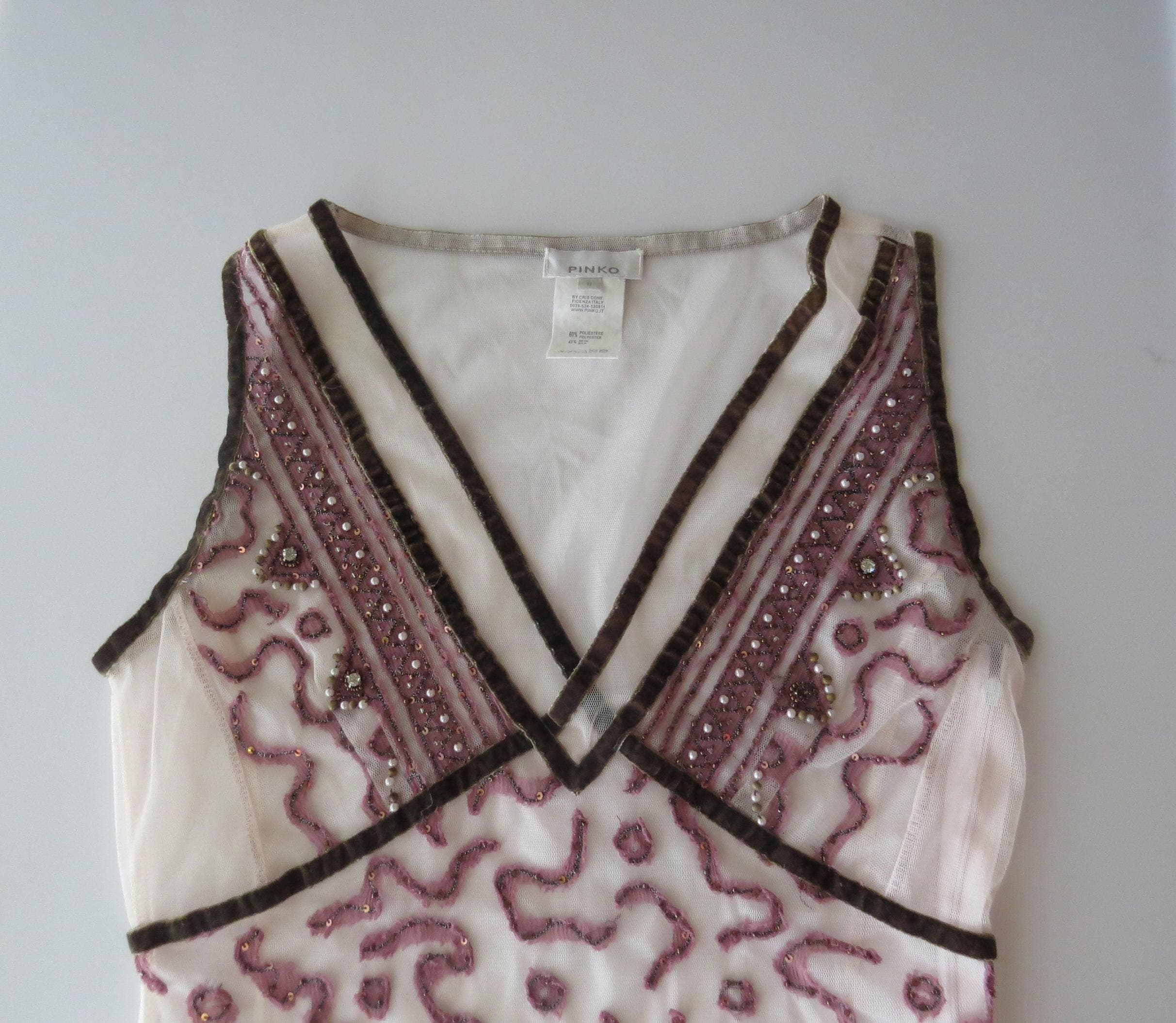 Vintage Pinko Italian 90s Silk Blend Embroidered Camisole, Beaded Mesh, Velvet, Made in Italy - Thumbnail 3