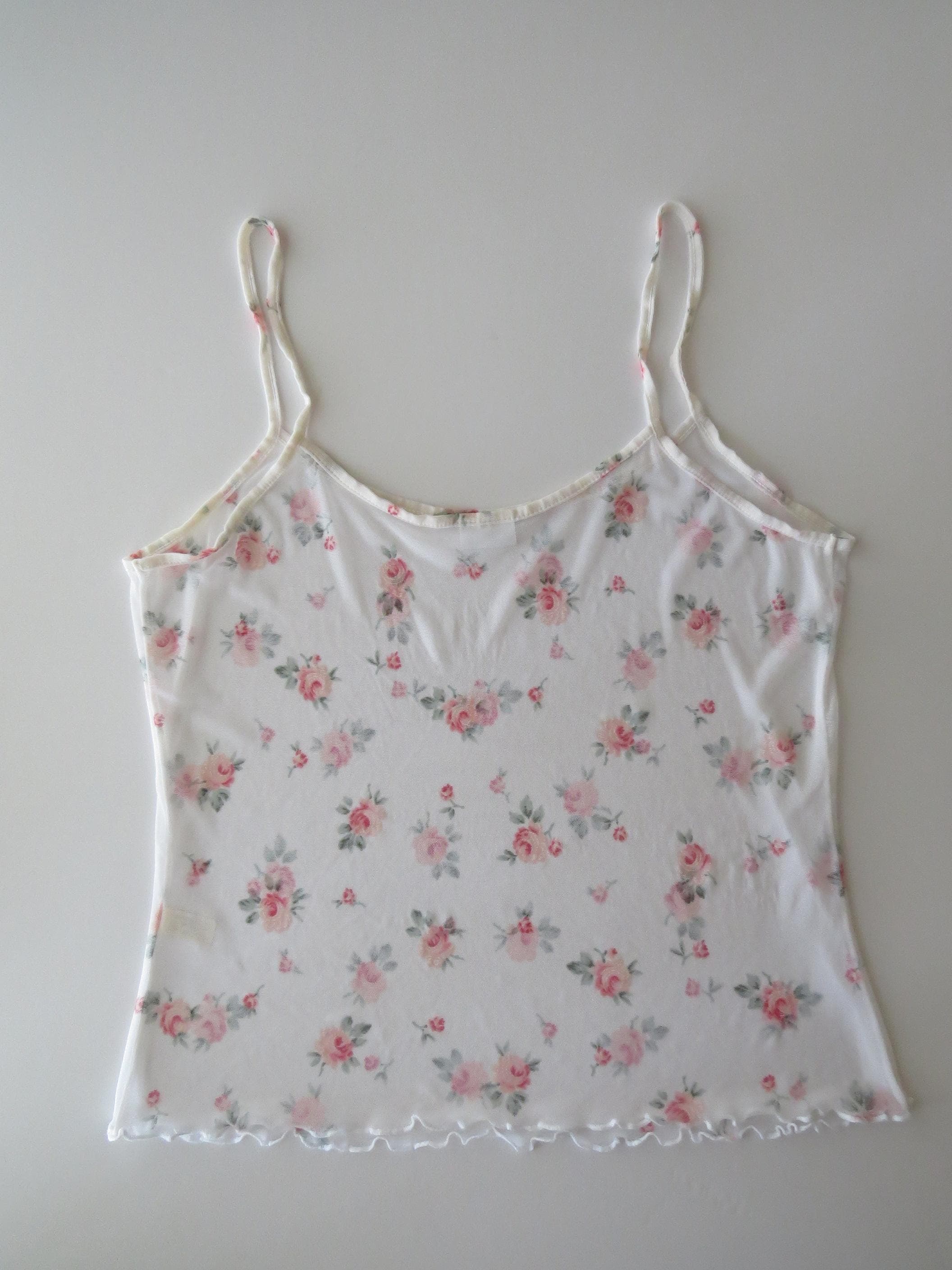 Vintage Italian Mesh Floral Sheer Cami, 2000s Lettuce Edge Hem Tank Top - Thumbnail 5