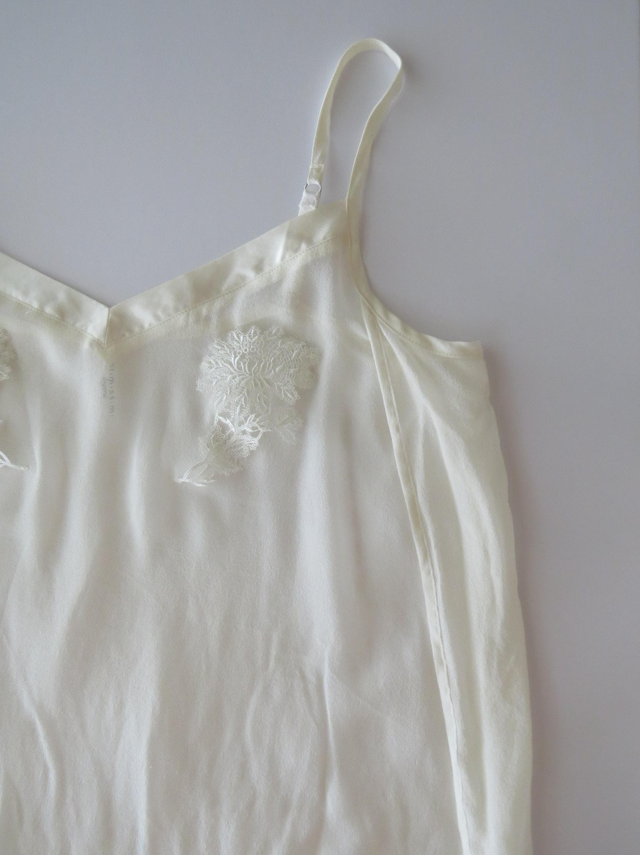 Vintage Italian Intimissimi 100% Silk Crepe Embroidered Floral Lace Applique Cream Cami, Cascade Draping - Thumbnail 3