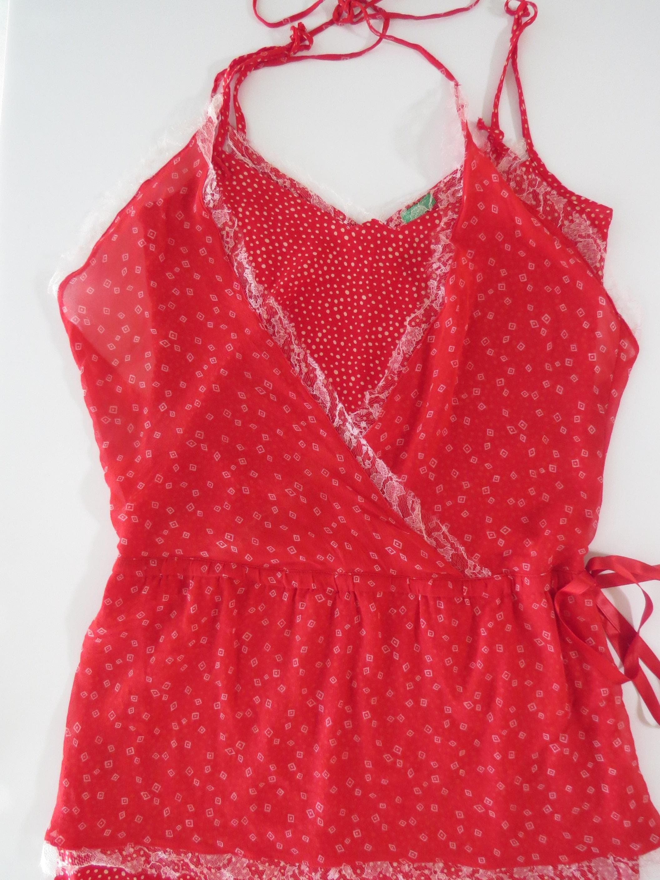 Vintage Italian Silk Lace Trim Wrap Cami Chemise Top United Colors of Benetton - Thumbnail 4