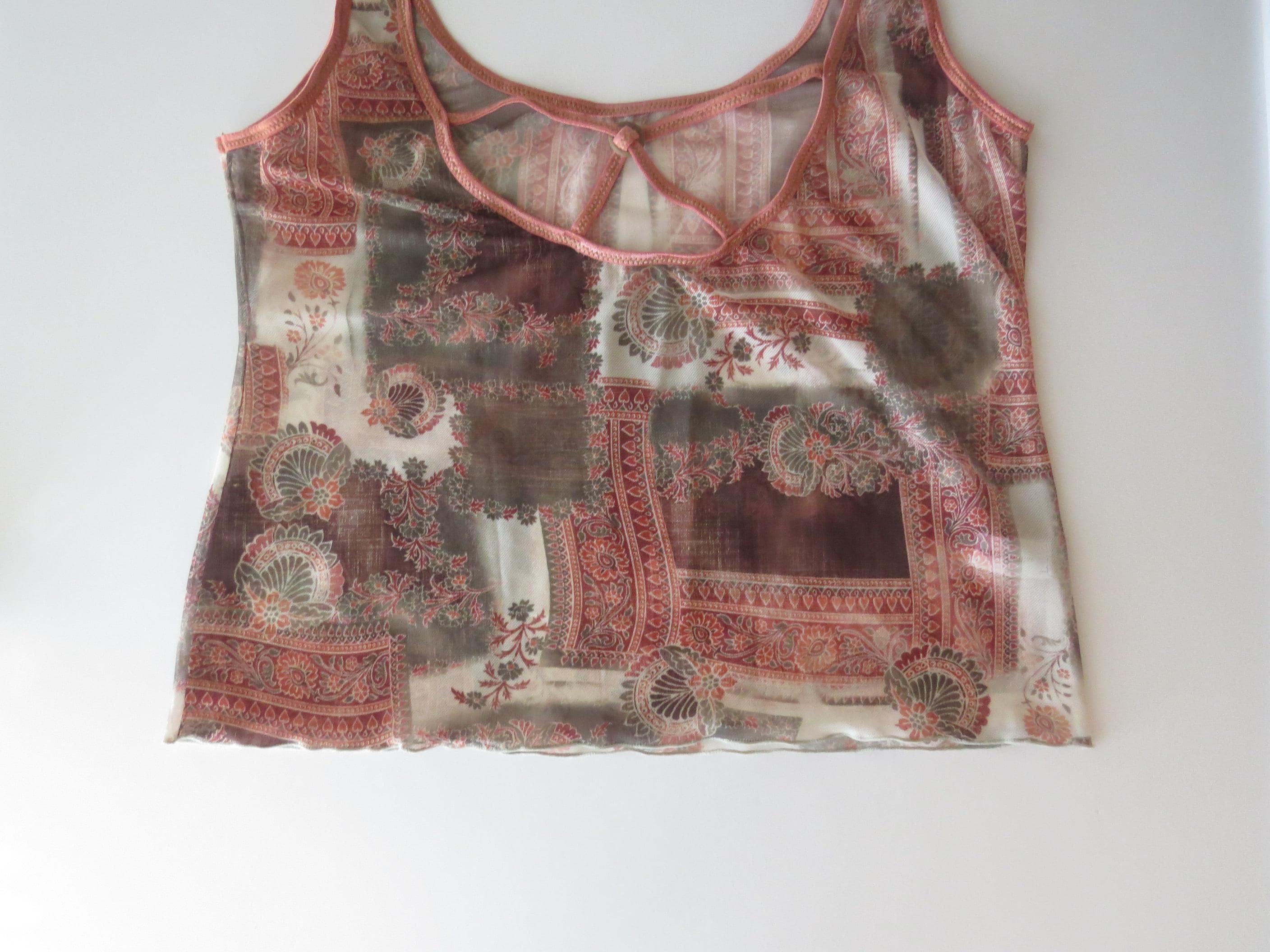 90s Italian Intimissimi Sheer Paisley Cami Top, Patchwork Print, Criss Cross Back - Thumbnail 9